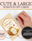 a hand holding a card with a pie on it, along with text that says "CUTE & LARGE SCRATCH OFF CARDS" and "ALL WINNING CARDS PACKAGED SEPARATELY".