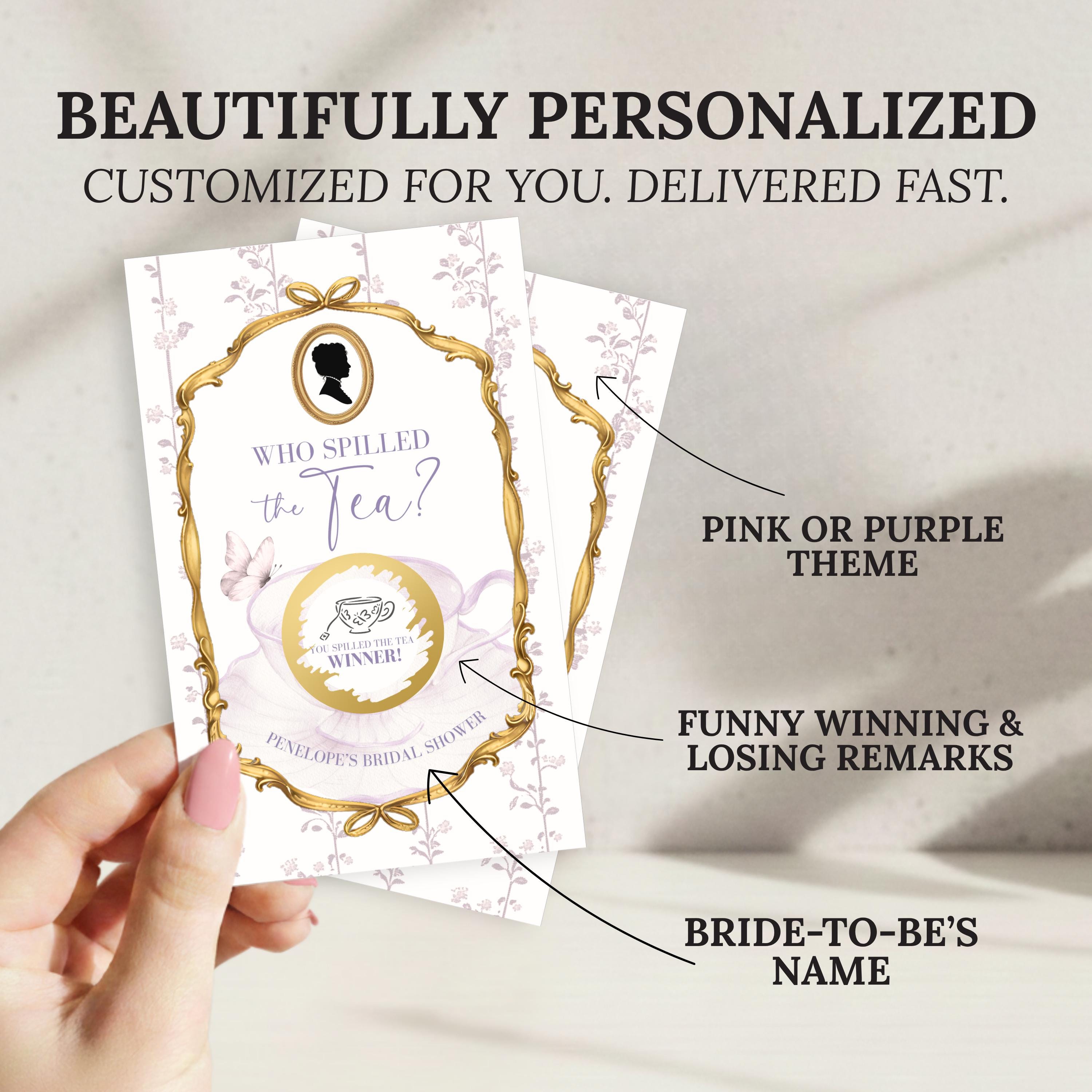 PRINTED + SHIPPED Vintage Victorian Bridal Shower Scratch Off Game Purple High Tea Bridal Shower Game Lilac Bridal Shower Tea Party Custom