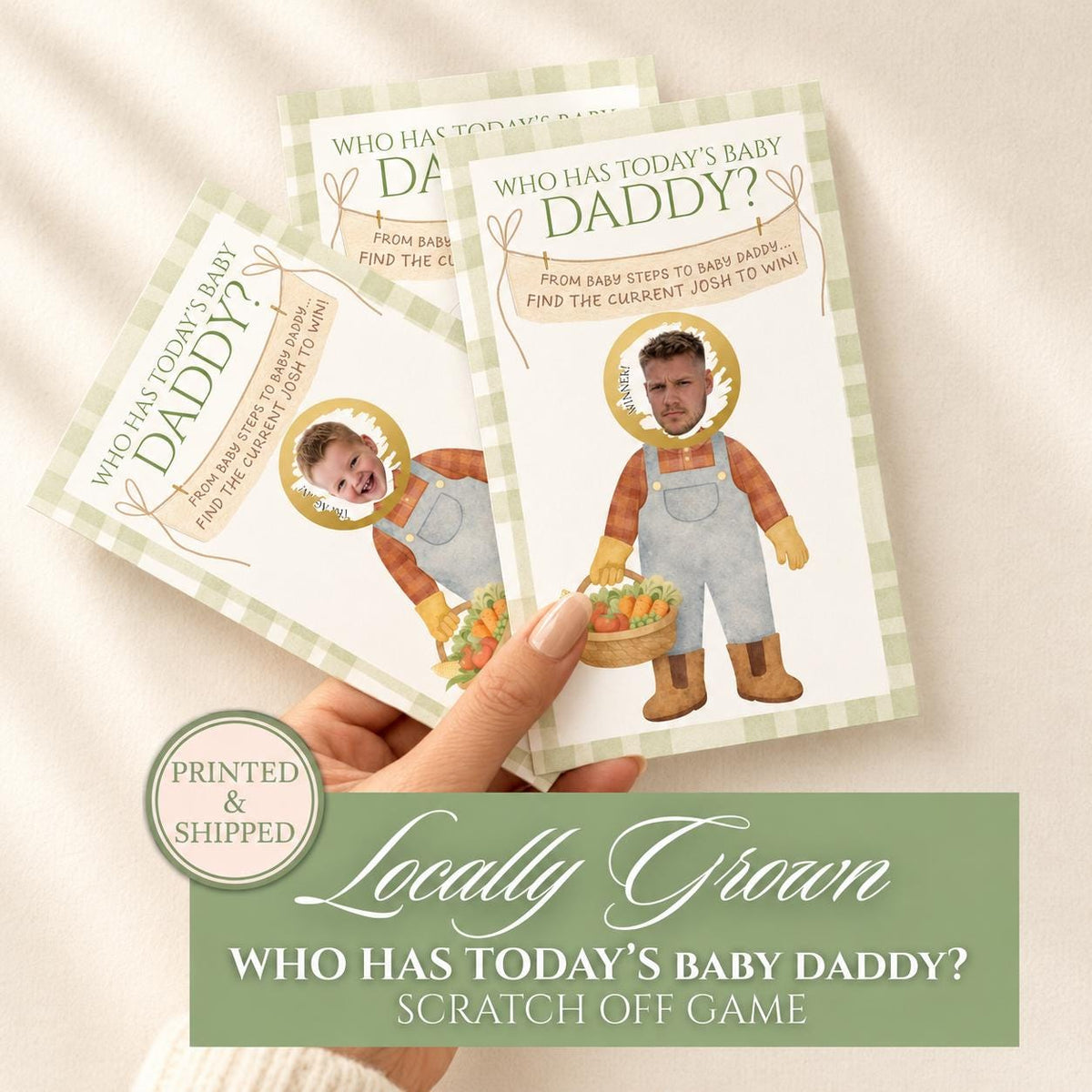 Locally Grown Baby Shower Game Green Gingham Farmer's Market Baby Shower Scratch Off Game Who Has Today's Baby Daddy? Homegrown - CÔTIER BRAND