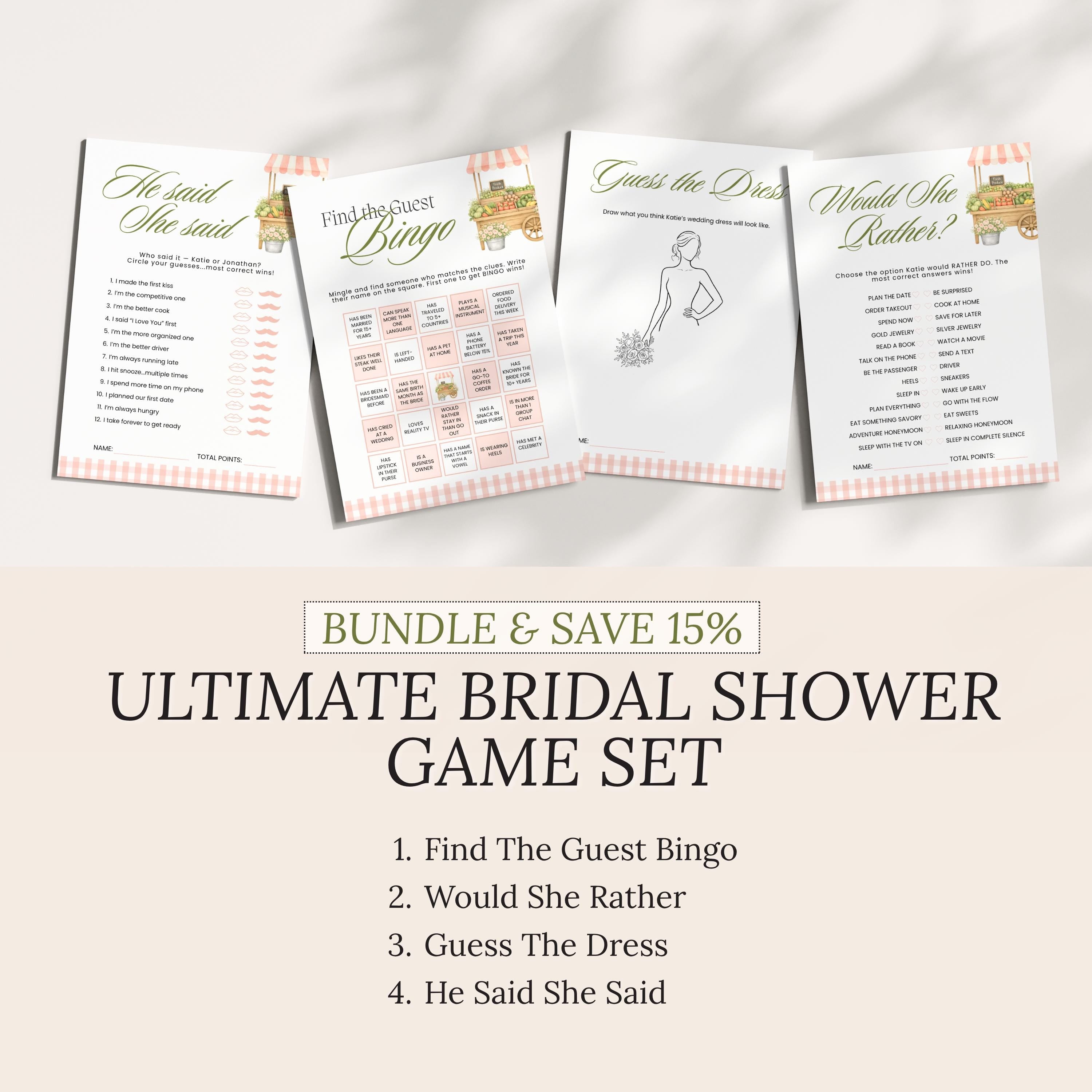 Custom Printed Fresh Off The Market Bridal Shower Game Bundle, Blush Pink Guess The Dress, Would She Rather, He Said She Said, Guest Bingo