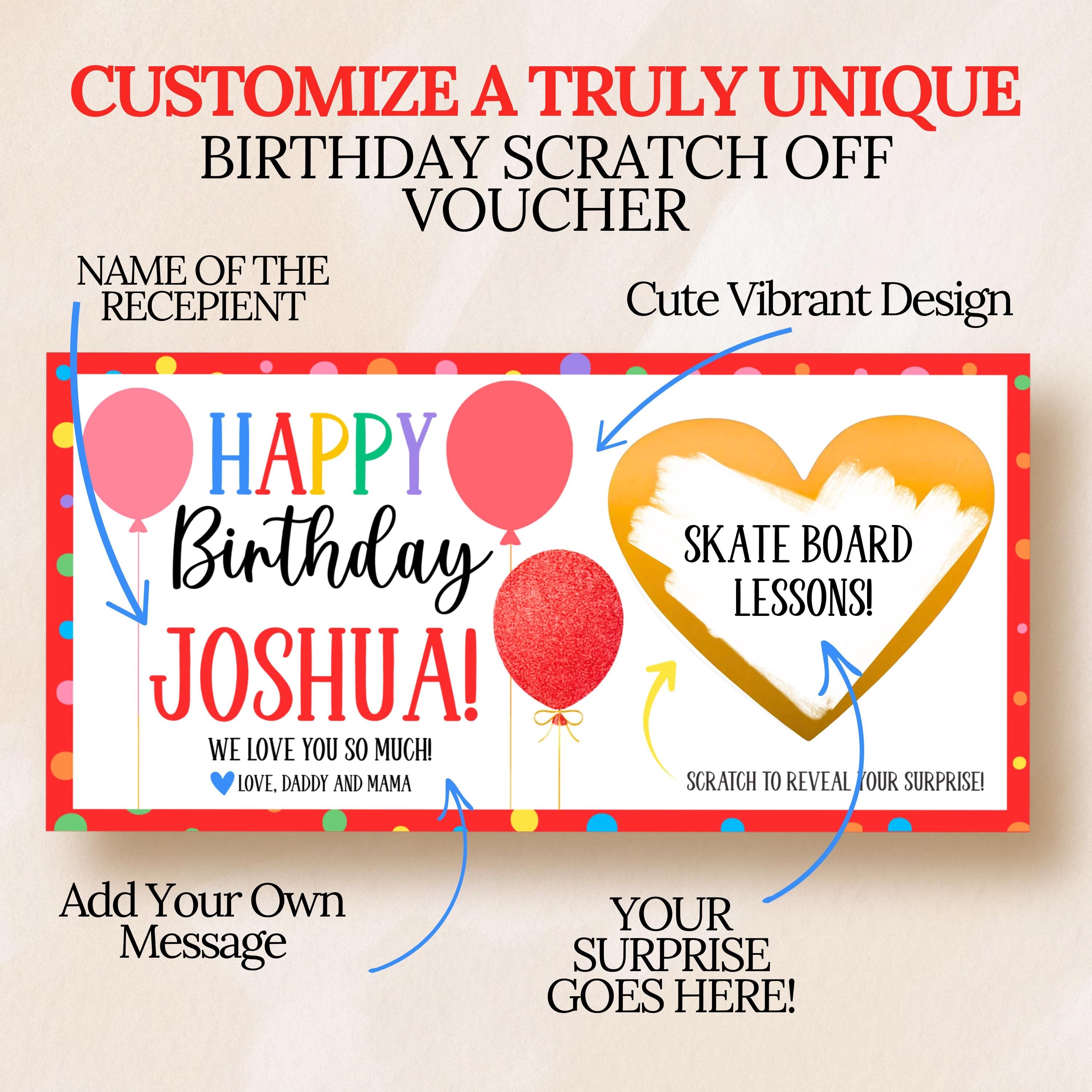 Personalized Happy Birthday Gift Voucher Scratch Off Ticket Surprise Birthday Reveal Card Boys Girls Husband Wife Coworker Teens Experiences