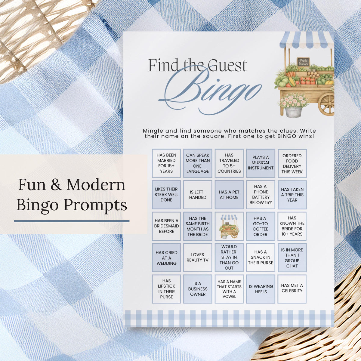 Blue Fresh Off The Market Bridal Shower Games Bundle, Guess The Dress, Would She Rather, He Said She Said, Bingo PRINTED + SHIPPED - CÔTIER BRAND