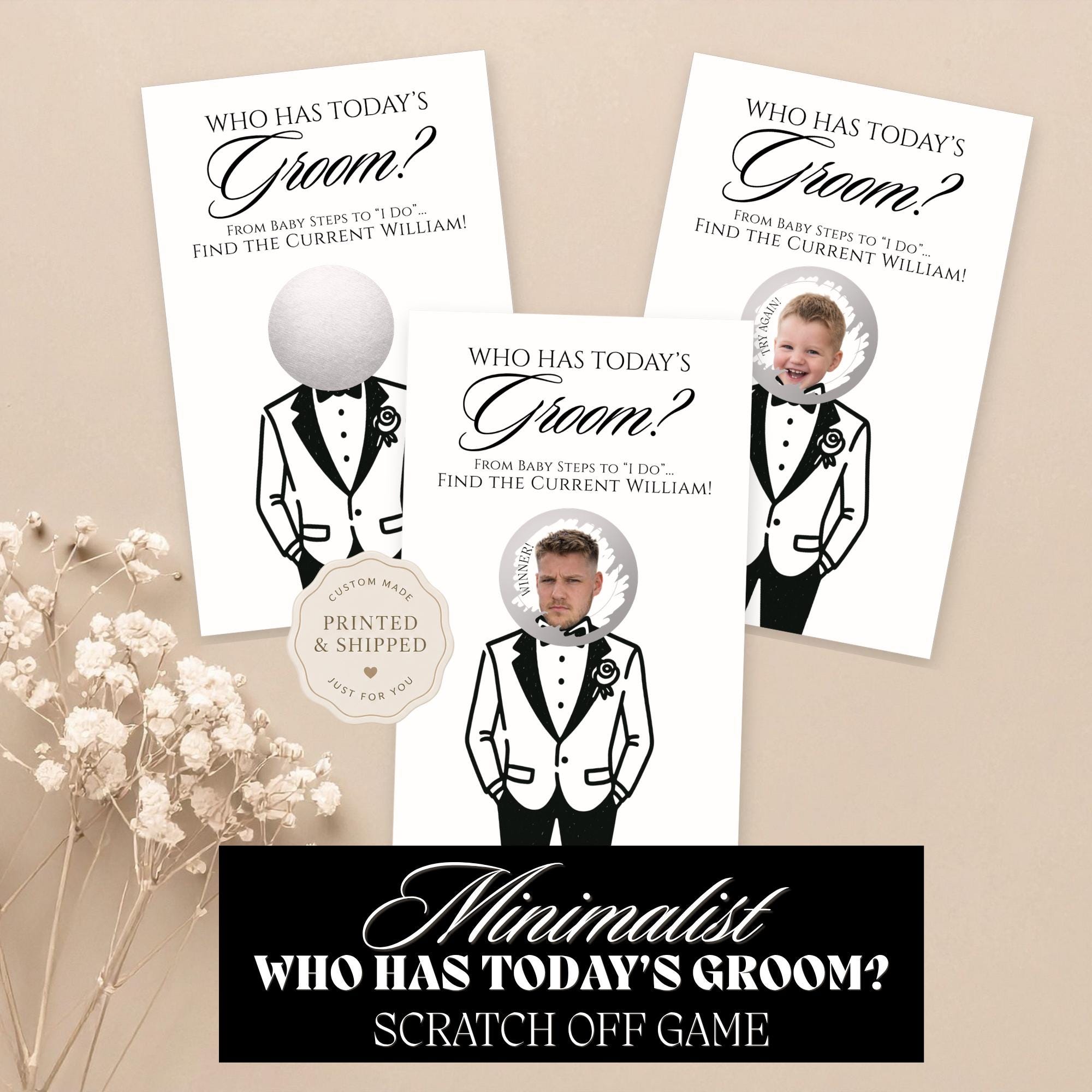 The image is a collage of three greeting cards featuring a baby dressed in a tuxedo, with the question "Who has today's Groom?" displayed on each card.