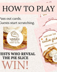 The image is a promotional graphic for a pie-themed baby shower game. It features a pie with whipped cream on top, and instructions for guests to reveal the pie slice as the winner.