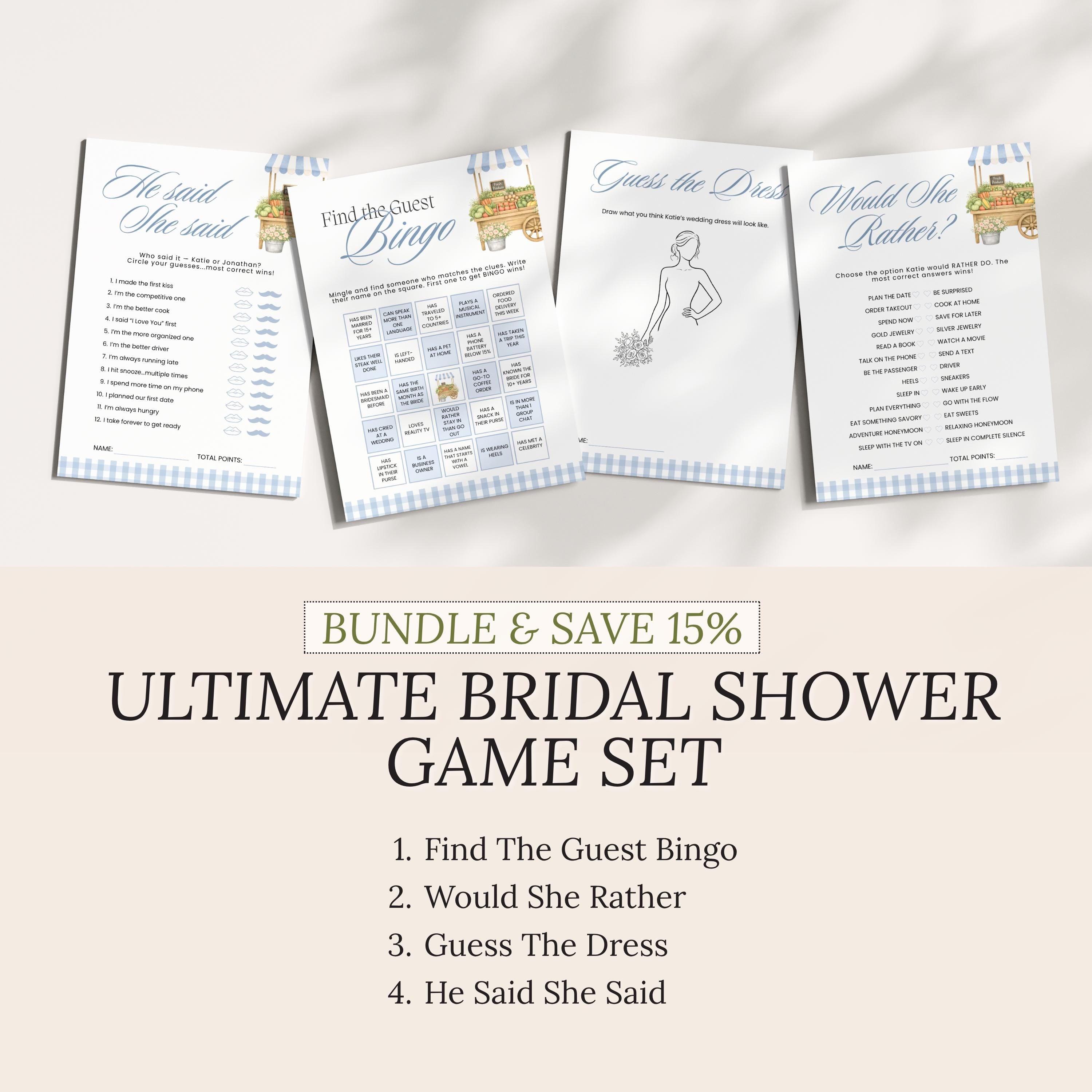 PRINTED + SHIPPED Blue Fresh Off The Market Bingo Game, Find The Guest Bingo Party Game, Boho Farmers Market Bridal Shower Bingo, Wedding