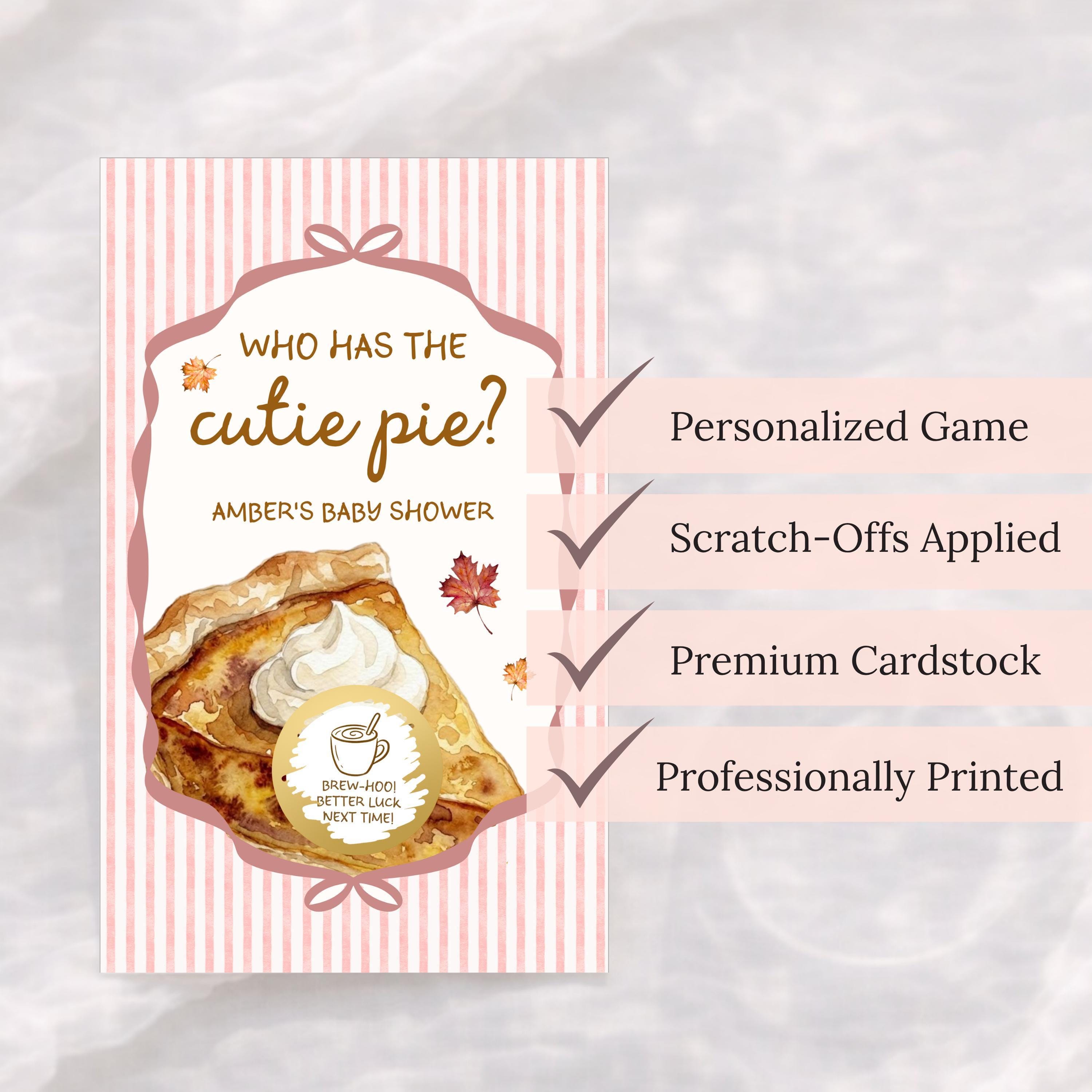 The image is a pink and white baby shower invitation card featuring a pie with whipped cream and a coffee cup.