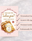 The image is a pink and white baby shower invitation card featuring a pie with whipped cream and a coffee cup.