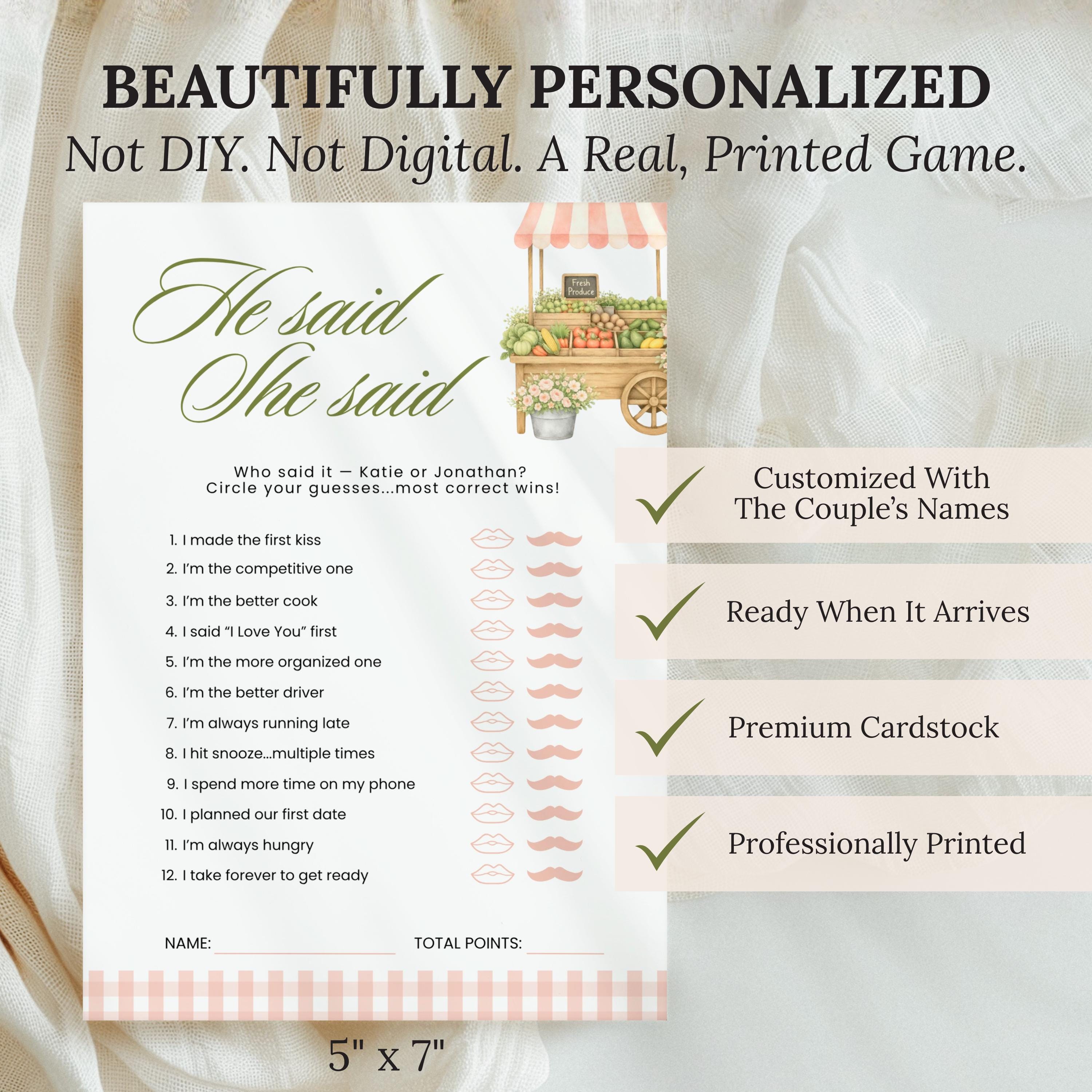 Custom Printed Fresh Off The Market Bridal Shower Game Bundle, Blush Pink Guess The Dress, Would She Rather, He Said She Said, Guest Bingo