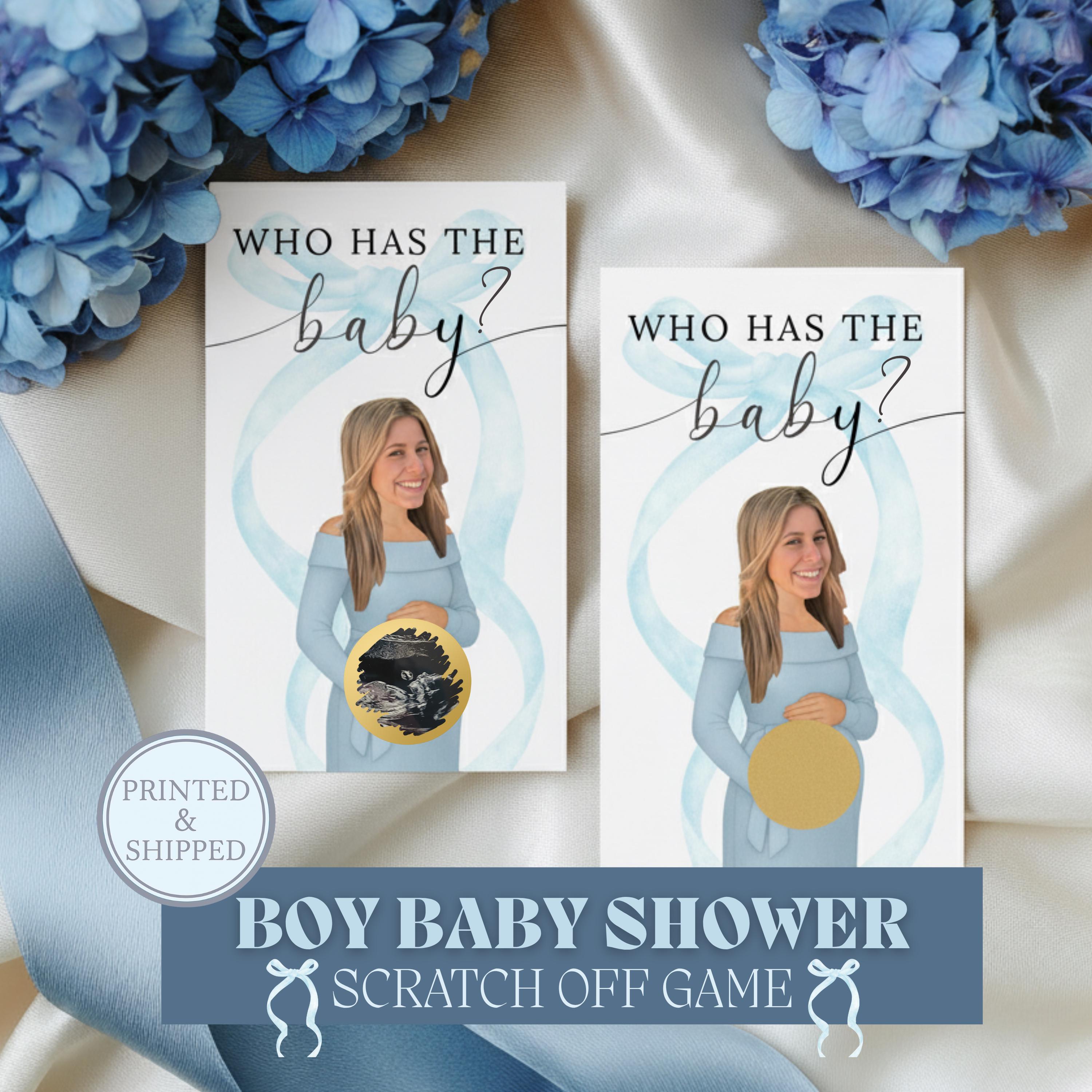 Custom Boy Baby Shower Game Blue Bow Baby Shower Scratch Off Game Who Has The Baby? Boho Blue Coquette Bow Themed Baby Boy Shower Games
