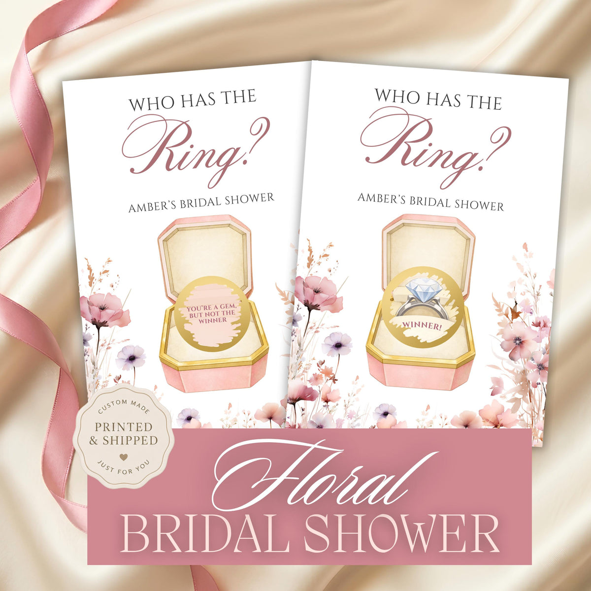 Pink Floral Bridal Shower Game, Pastel Watercolor Flower Bridal Shower Scratch Off Game, Love In Bloom Who Has The Ring