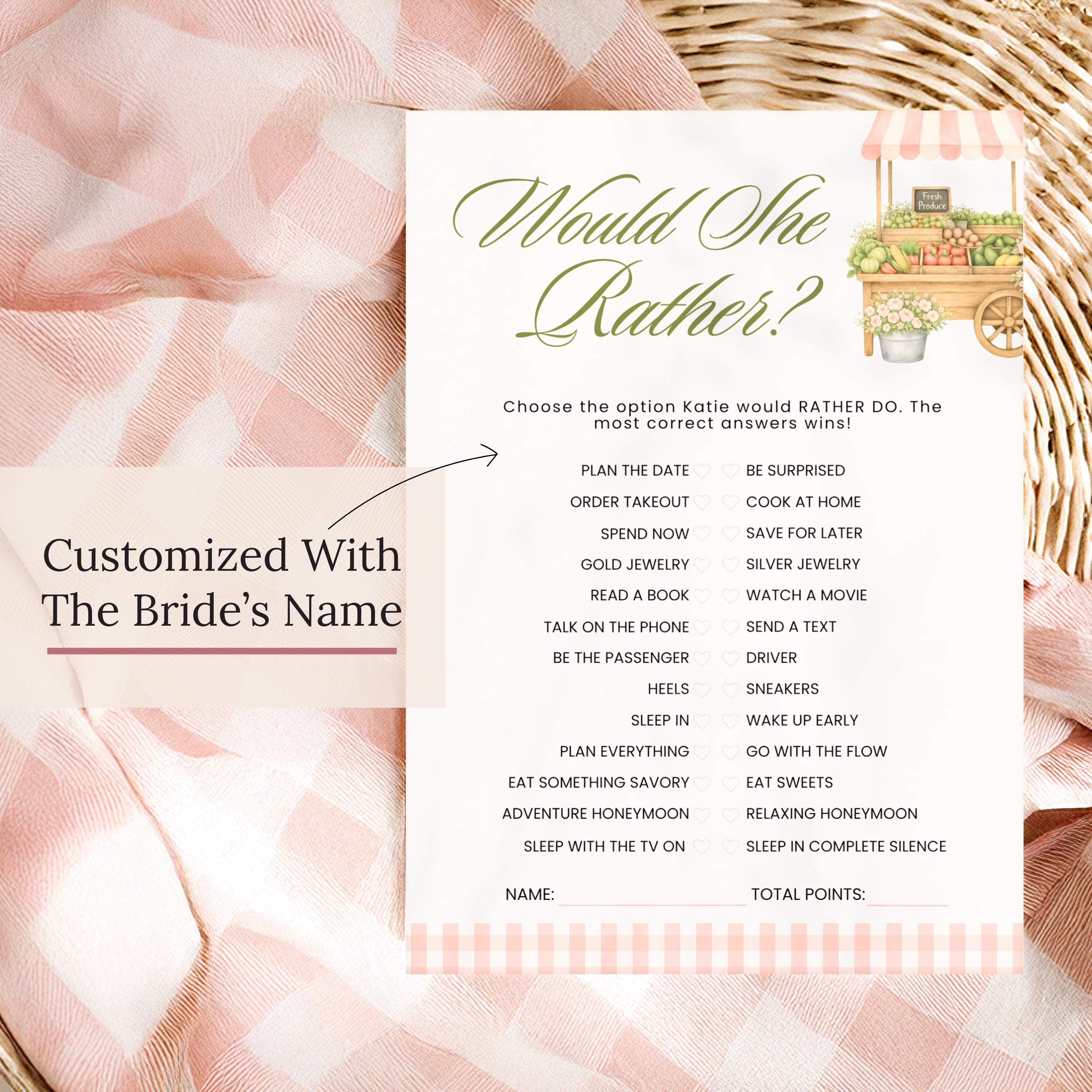Custom Printed Fresh Off The Market Bridal Shower Game Bundle, Blush Pink Guess The Dress, Would She Rather, He Said She Said, Guest Bingo