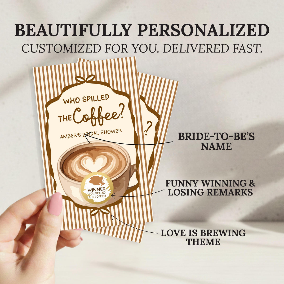 a hand holding a card with a coffee cup design, along with text that describes the card as " Beautifully Personalized" and "Customized for you. Delivered fast." The card also includes a question about who spilled the coffee, a winner's circle, and a description of the theme as "Love is brewing."