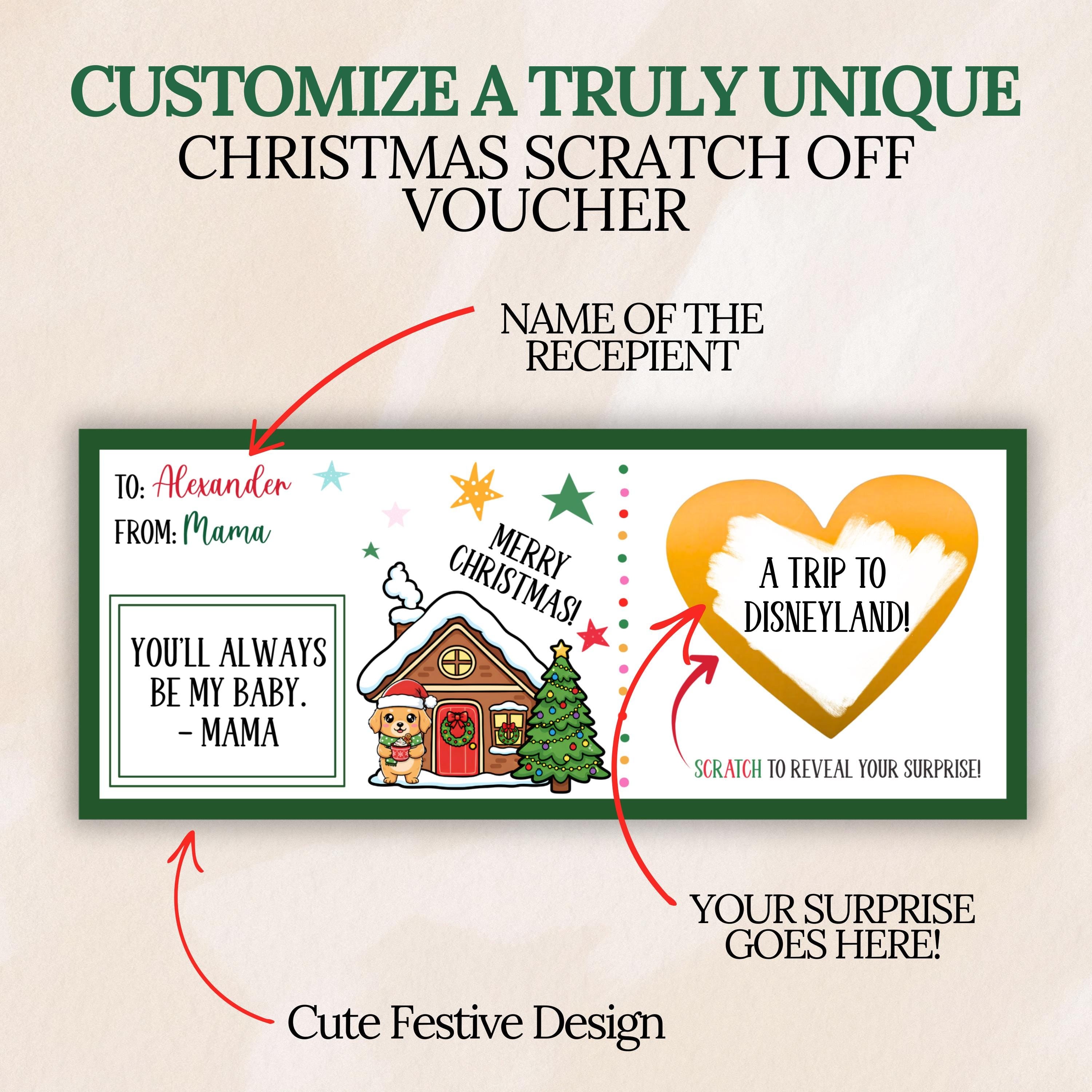 Personalized Pink Christmas Scratch Off Voucher Christmas Trip Reveal Scratch Ticket for Wife Girl Custom Xmas Voucher Ticket With Envelope