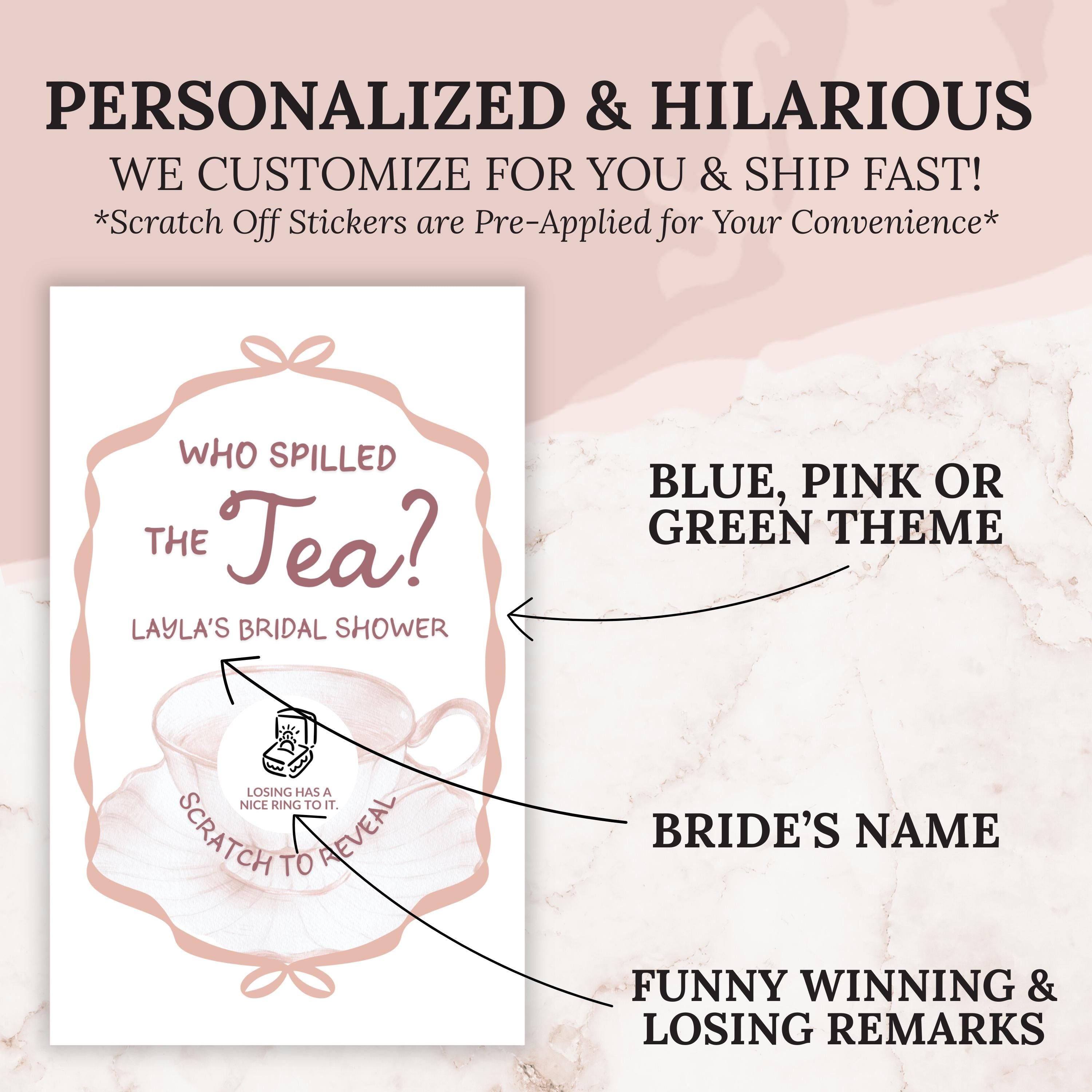 Tea Party Bridal Shower Game High Tea Bridal Shower Scratch Off Game Who Spilled The Tea Themed Blush Pink Wedding Shower Game Bows TEA6