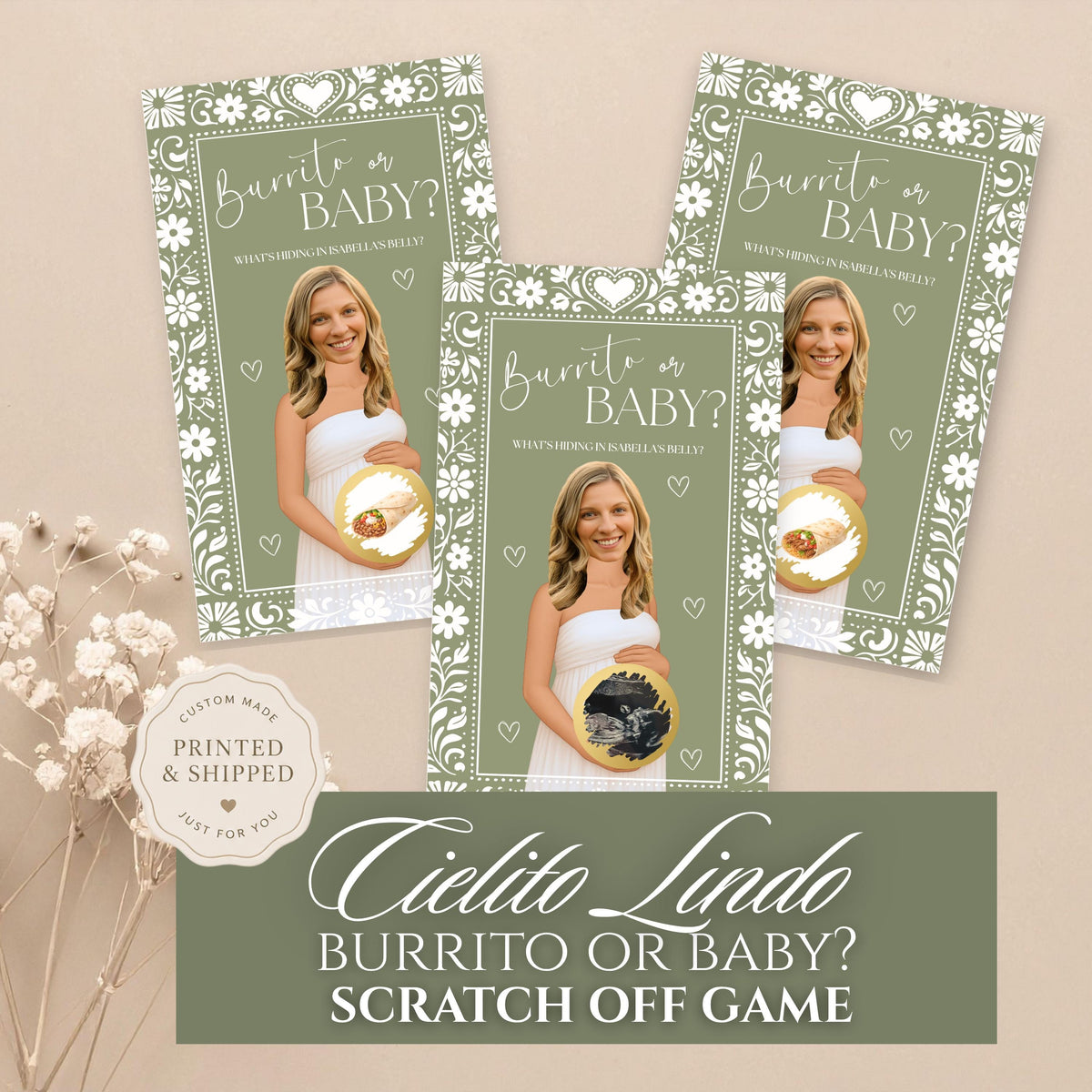 Custom Sage Green Cielito Lindo Baby Shower Game Burrito or Baby? Papel Picado Mexican Baby Shower Scratch Off Game Talavera Party Game - CÔTIER BRAND