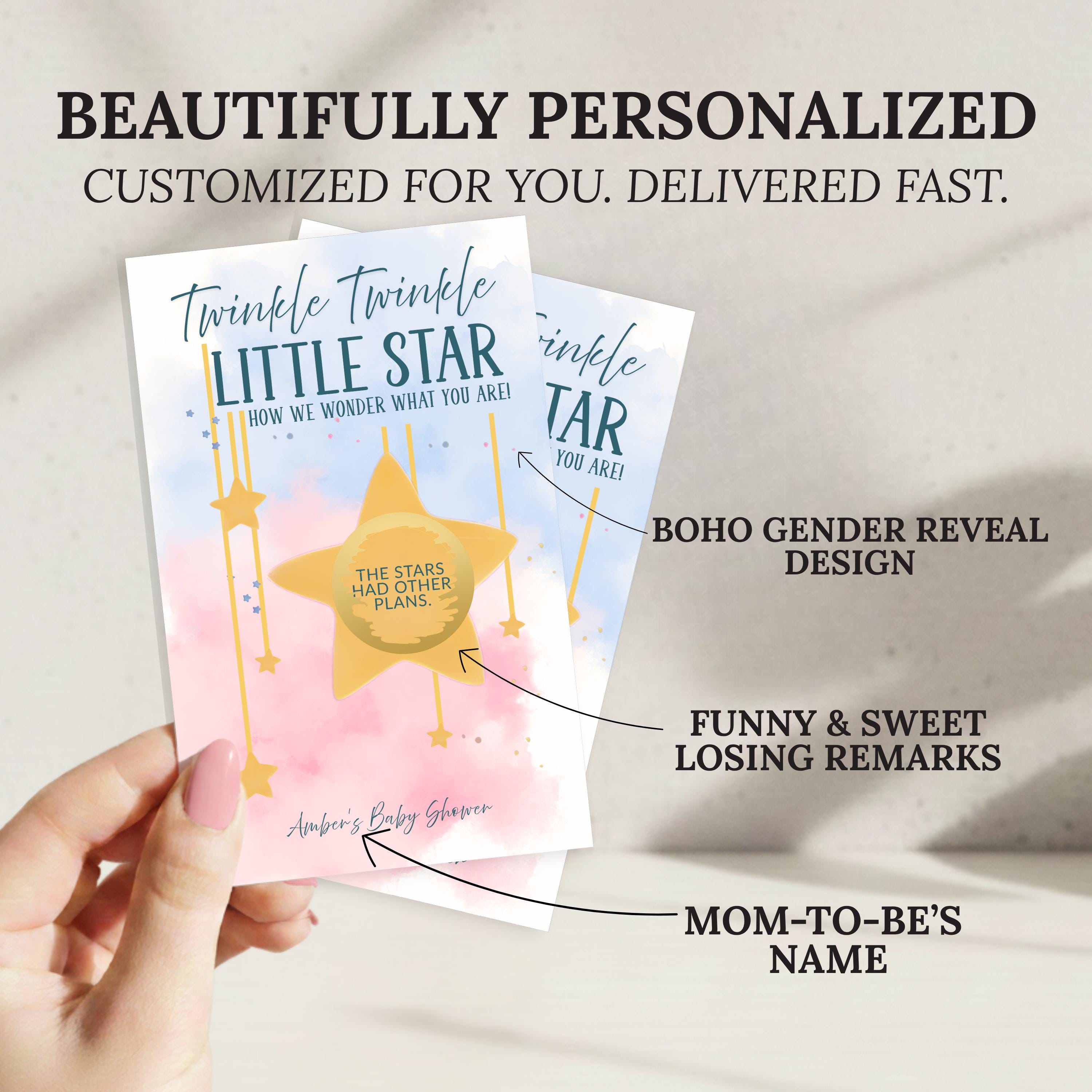 Personalized Twinkle Twinkle Little Star Gender Reveal Baby Shower Game Moon and Stars Baby Shower Scratch Off Game Pink or Blue He or She