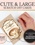 a hand holding a card with a coffee cup design, and there is text indicating that the card is a "Cute & Large Scratch Off Cards" that allows the winner to choose their own personalization.