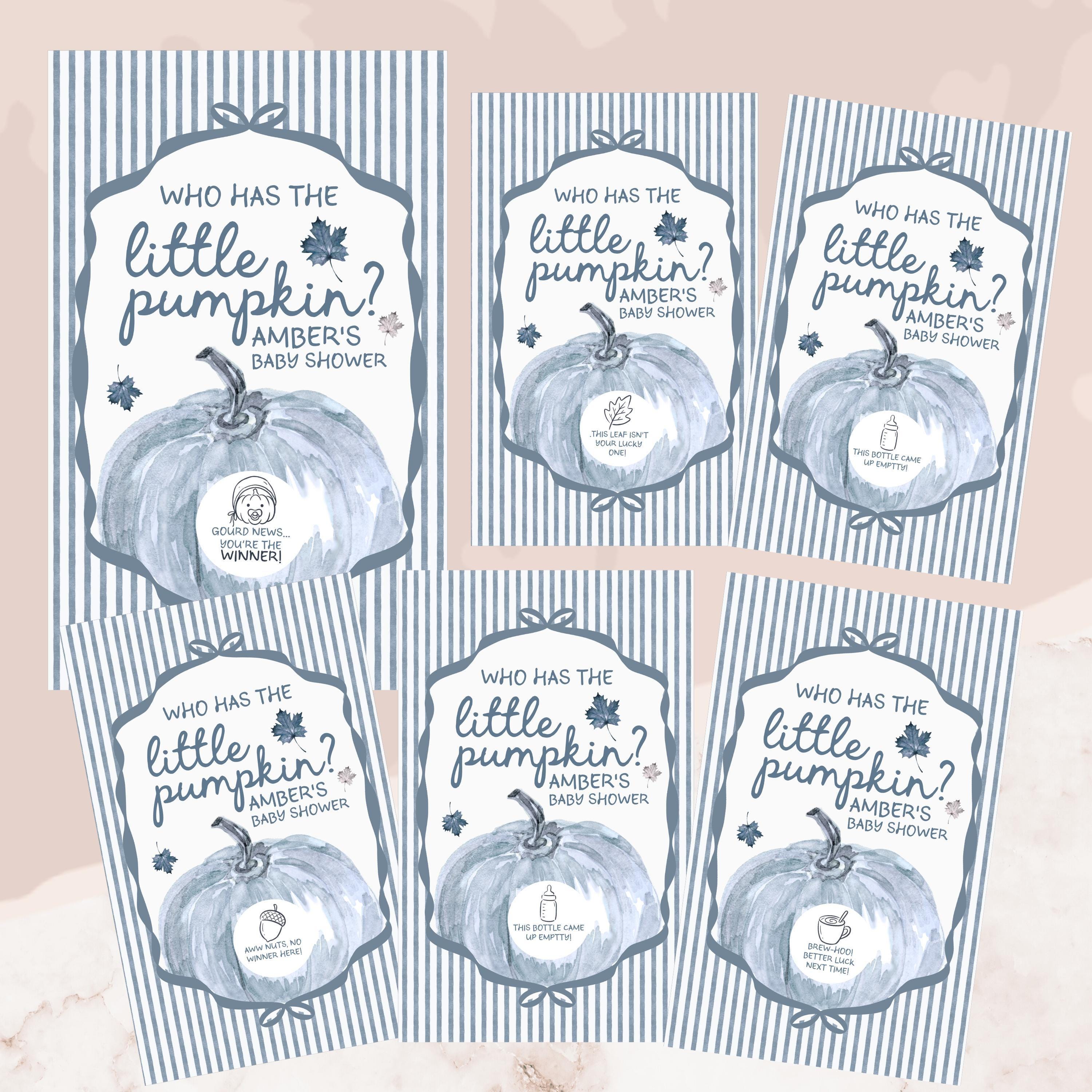 a collection of six identical baby shower invitation cards, each featuring a pumpkin design and the text "Who has the little pumpkin?" The cards are arranged in a grid pattern, with three cards on the top row, three on the bottom row, and two on the left side and right side of the image.