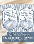 The image is a printed baby shower invitation featuring a pumpkin theme. The invitation has a blue and white striped background with a central image of a pumpkin and text asking "Who has the little pumpkin?". The invitation is accompanied by a "Custom Made" stamp and a "Printed Shipped" stamp, indicating that it has been printed and shipped. The invitation also includes a game called "Scratch Off Game" that asks "Who has the little pumpkin?".
