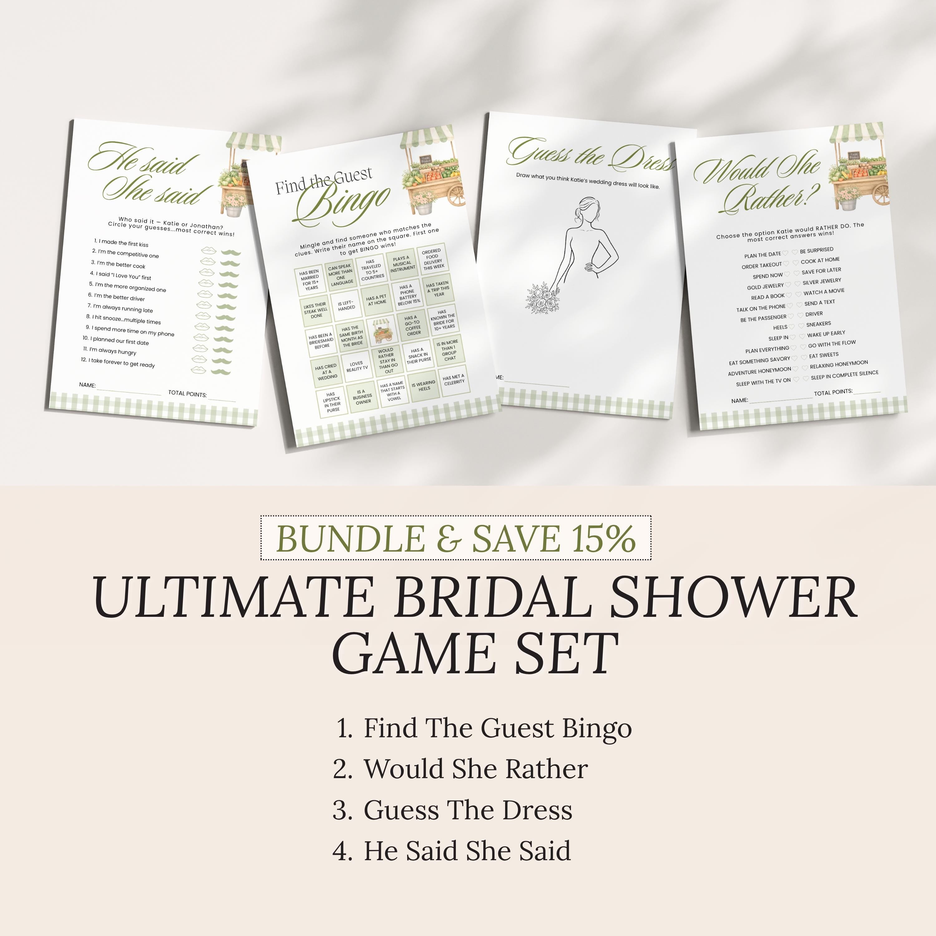 PRINTED + SHIPPED Fresh Off The Market Bingo Game, Sage Green Find The Guest Bingo Party Game, Farmers Market Bridal Shower Bingo, Wedding