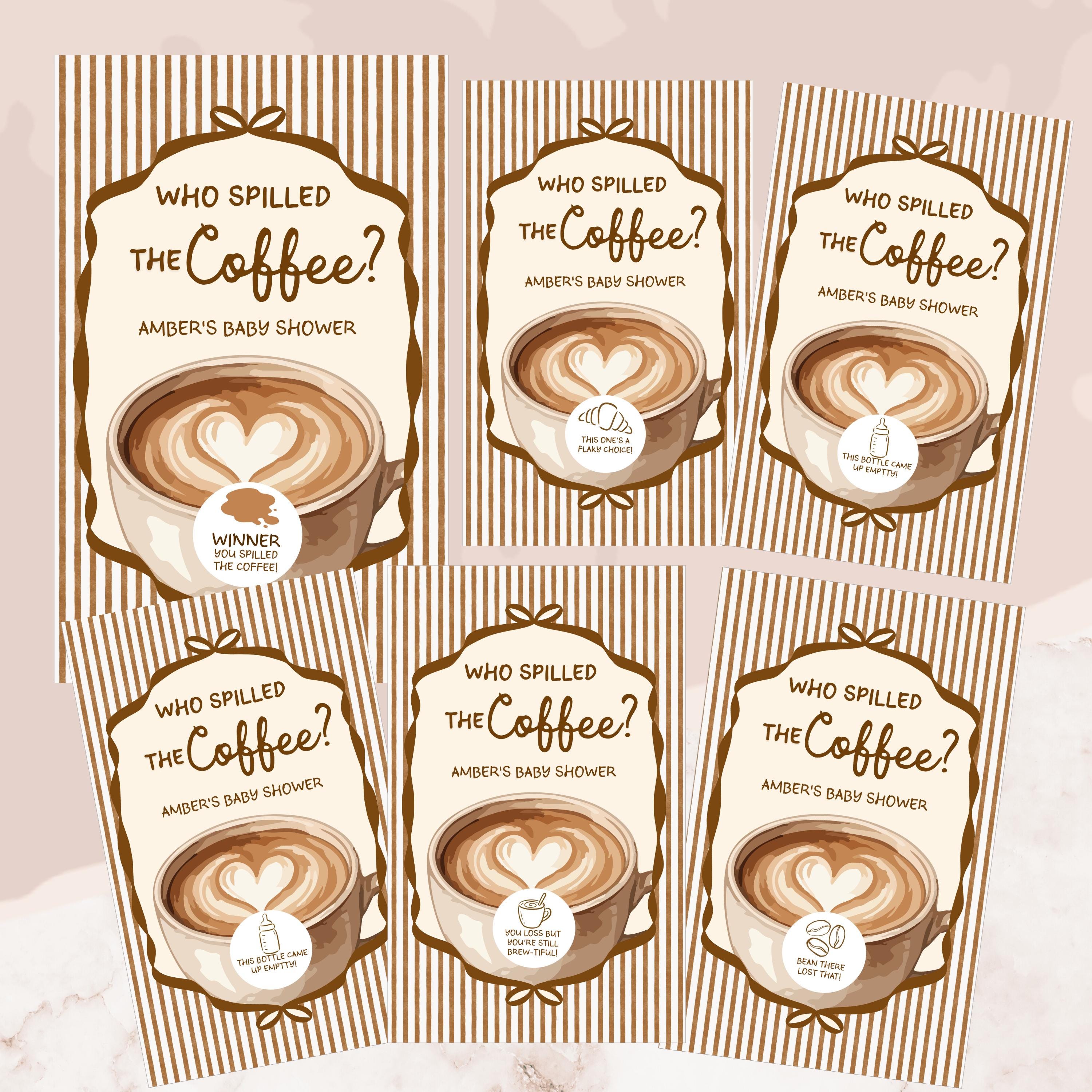a collection of six identical baby shower booklets, each featuring a coffee cup with a heart design and the text "Who spilled the coffee?" The booklets are arranged in a grid pattern, with three on the top row and three on the bottom row.