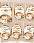 a collection of six identical baby shower booklets, each featuring a coffee cup with a heart design and the text "Who spilled the coffee?" The booklets are arranged in a grid pattern, with three on the top row and three on the bottom row.