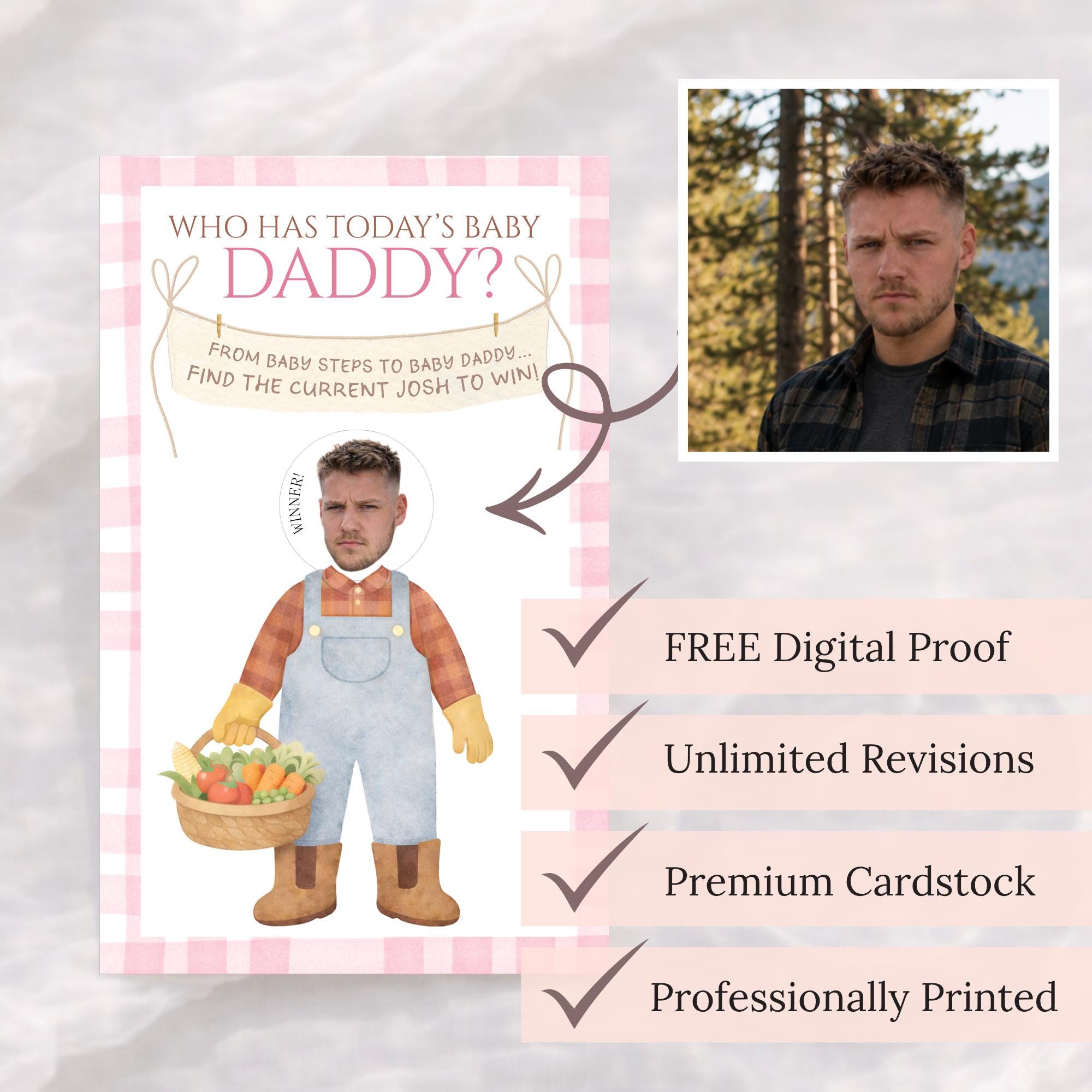 Custom Locally Grown Boy Baby Shower Game, Blue Gingham Farmer's Market Theme Who Has Today's Baby Daddy? Scratcher Activity