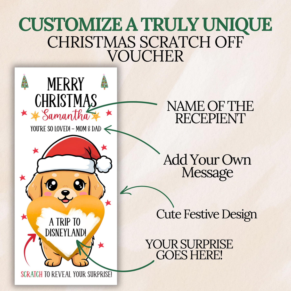 Personalized Scratch Off Christmas Voucher For Surprise Trip Reveal Holiday Scratchers For Kids Holiday Scratch Off Ticket with Envelope - CÔTIER BRAND