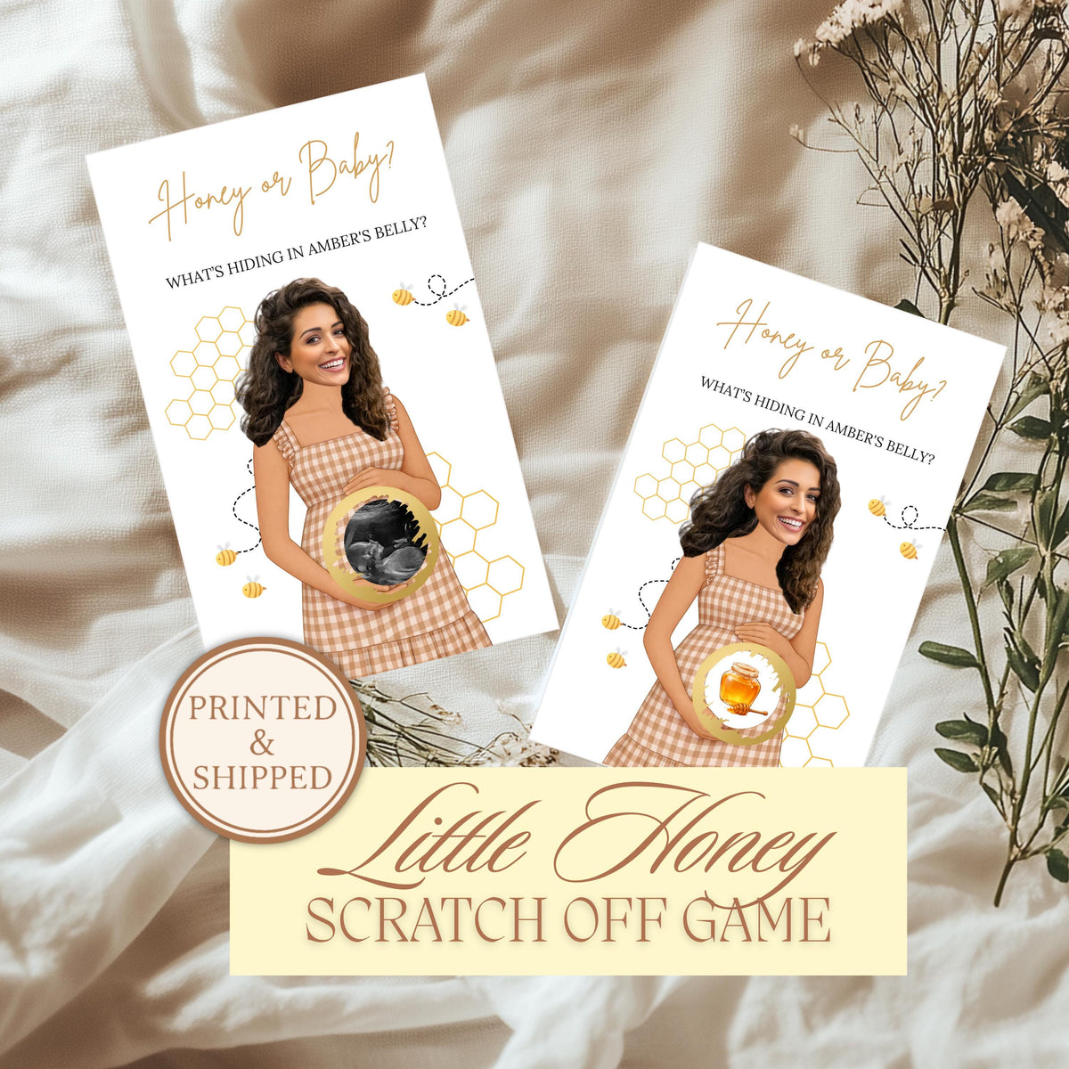 Personalized Honey Bee Baby Shower Scratch Off Game Honey or Baby To Bee Shower Games Honeycomb Gingham Yellow Brown Bumblebee - CÔTIER BRAND