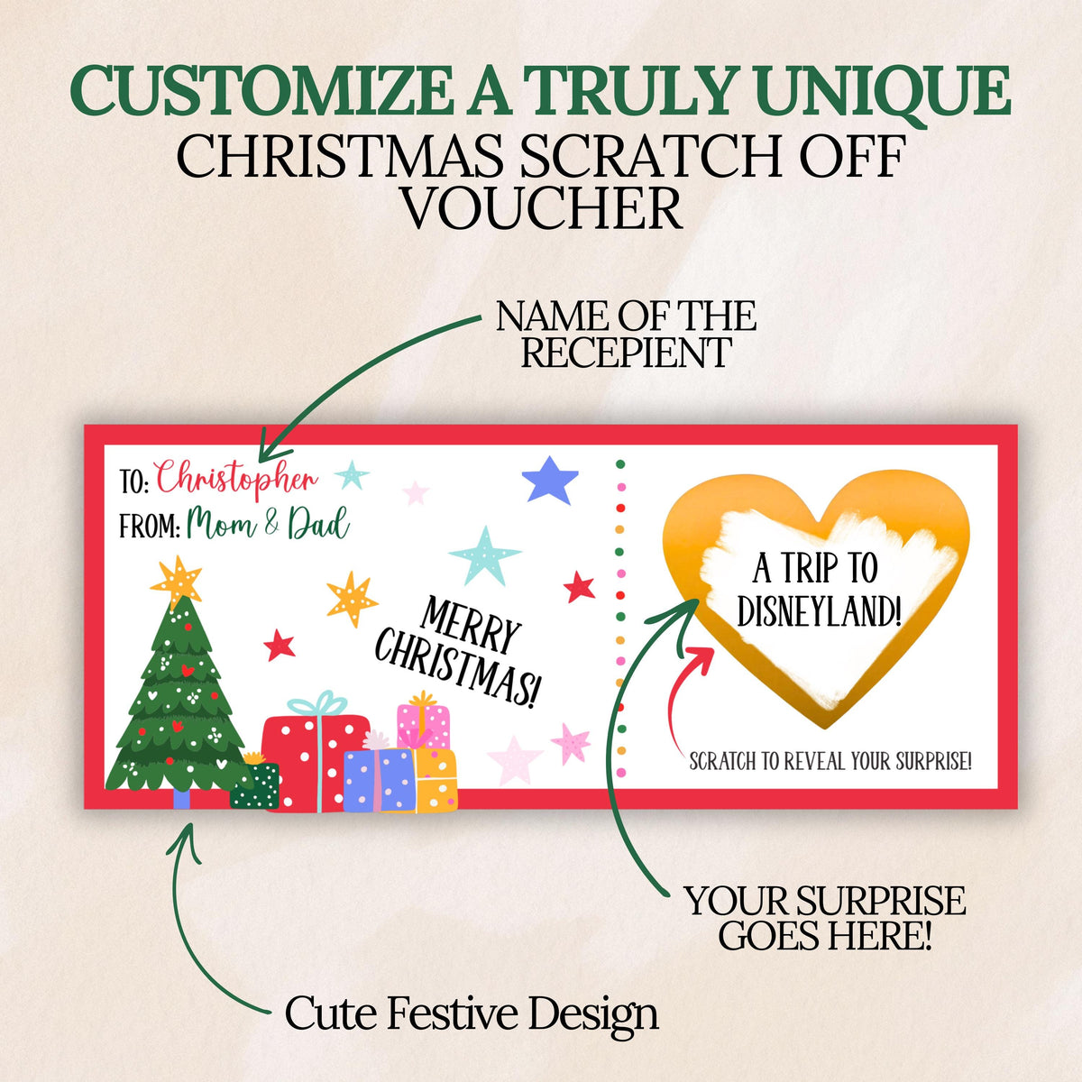 Merry Christmas Scratch Off for Kids Gift Voucher For Husband Christmas Voucher Reveal Holiday Coupon Surprise Trip Envelope Personalized - CÔTIER BRAND