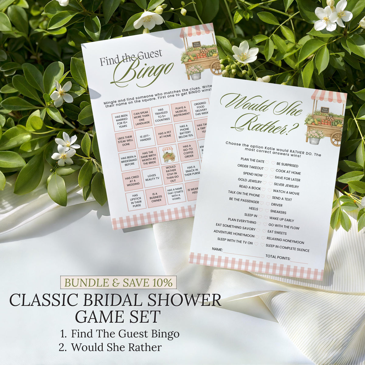 PRINTED + SHIPPED Pink Fresh Off The Market Bingo Game, Find The Guest Bingo Party Game, Farmers Market Bridal Shower Bingo, Wedding - CÔTIER BRAND