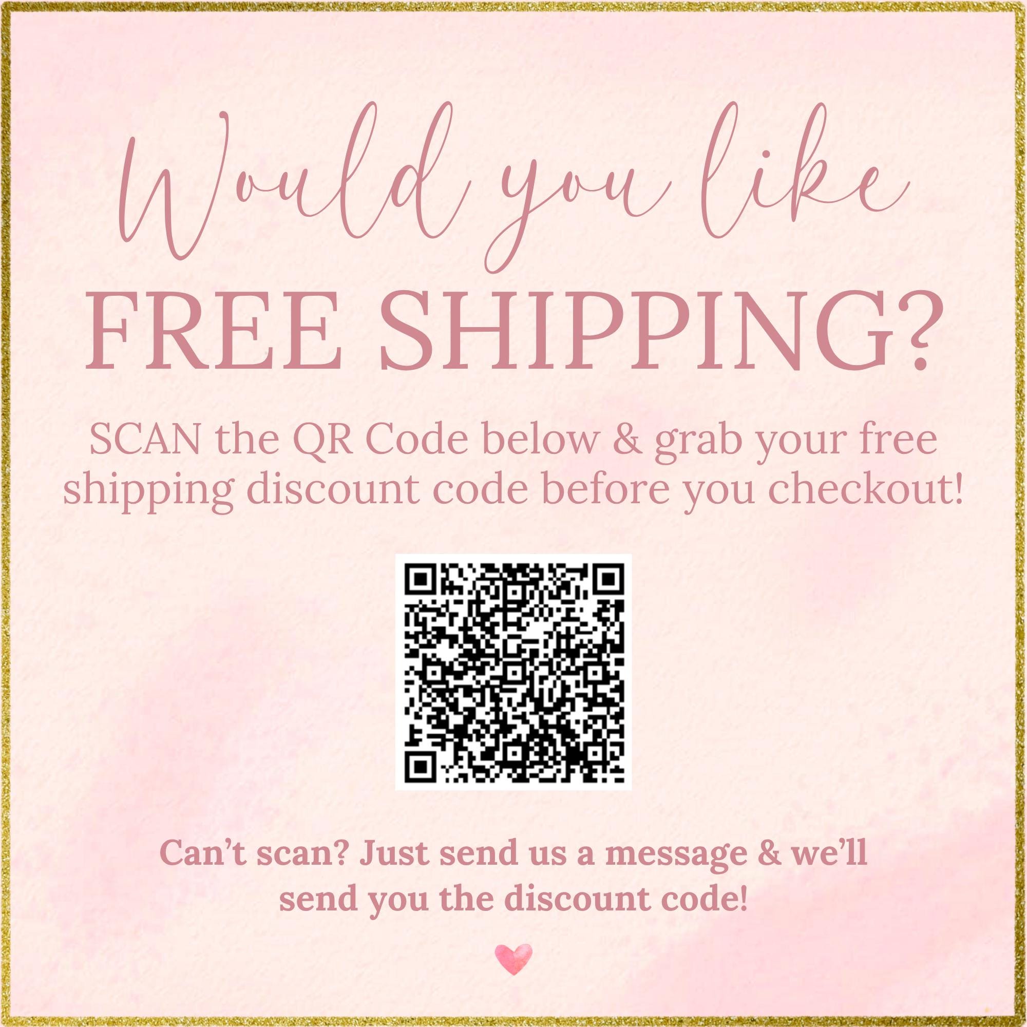 The image is a pink advertisement for free shipping, featuring a QR code and a message encouraging users to scan the code for a free shipping discount.