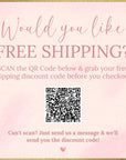 The image is a pink advertisement for free shipping, featuring a QR code and a message encouraging users to scan the code for a free shipping discount.