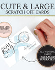 a hand holding a white card with text and graphics, including a question about winning a baby shower.