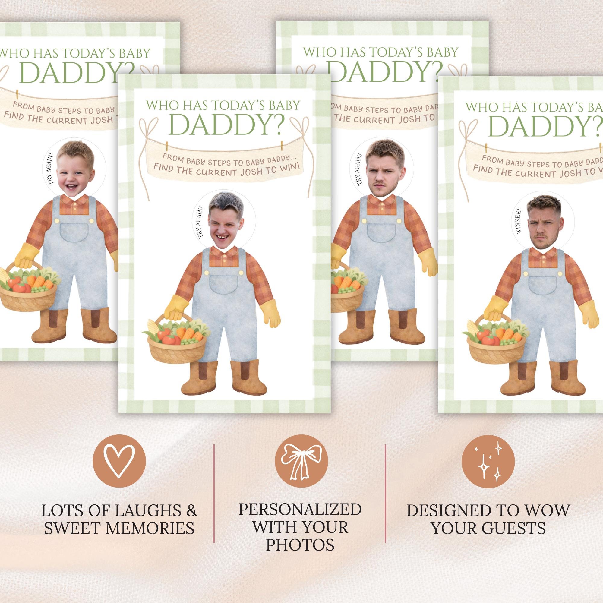 Custom Locally Grown Boy Baby Shower Game, Blue Gingham Farmer's Market Theme Who Has Today's Baby Daddy? Scratcher Activity