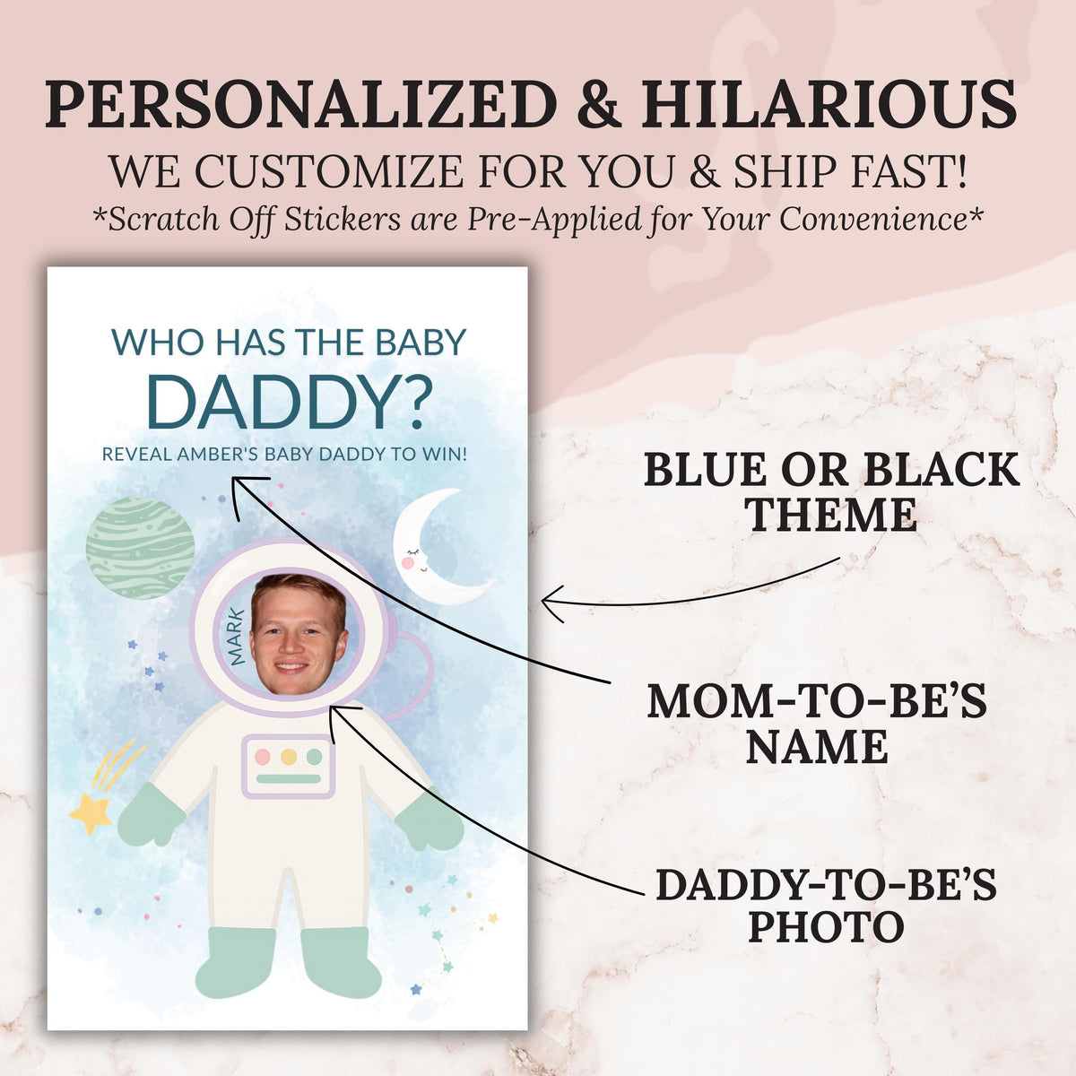 Personalized Outer Space Baby Shower Scratch Off Game Blue Space Themed Who Has The Baby Daddy Printed Houston We Have A Boy Moon Planets - CÔTIER BRAND