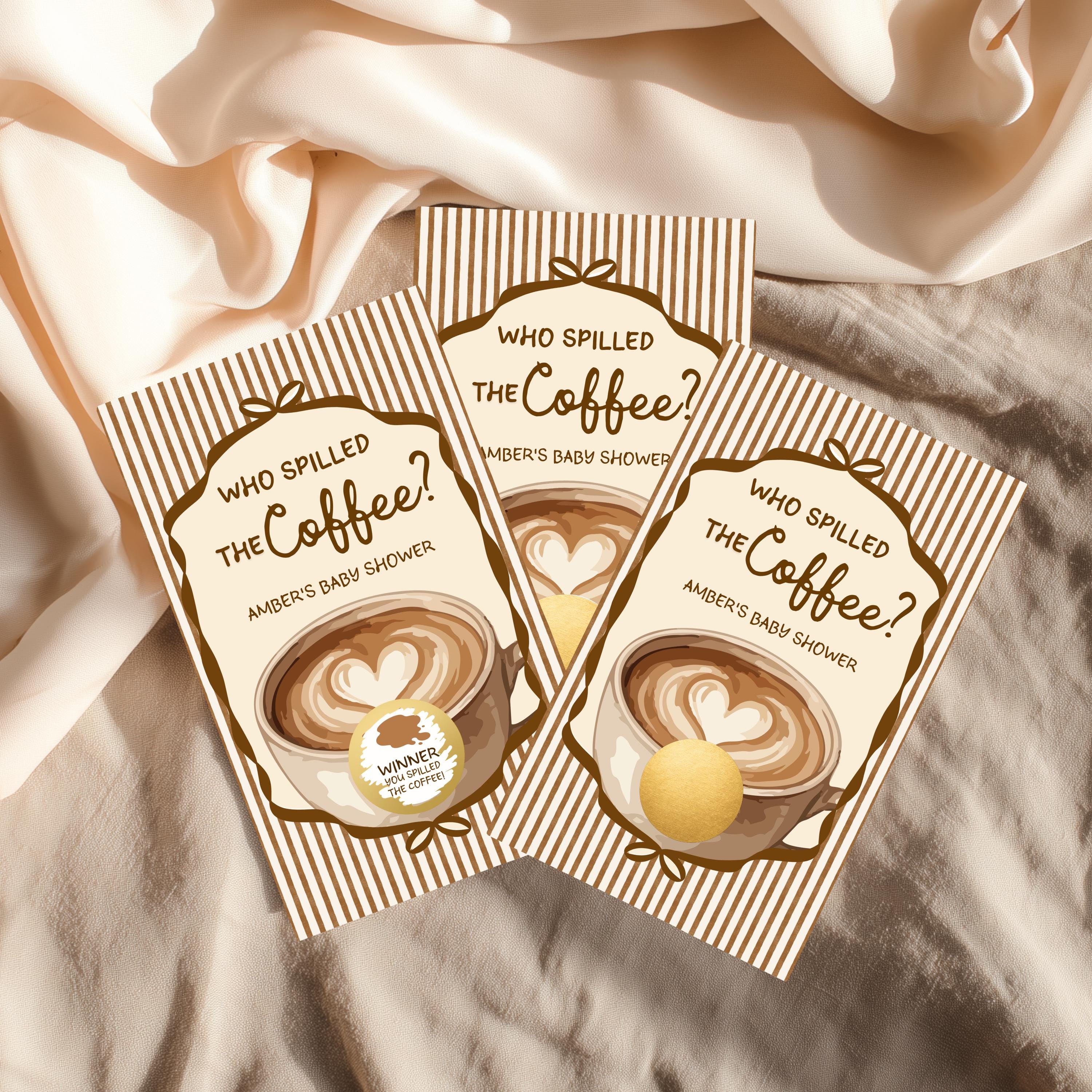 Three identical books titled "Who Spilled the Coffee?" with illustrations of coffee cups and hearts on the covers, placed on a beige fabric background.