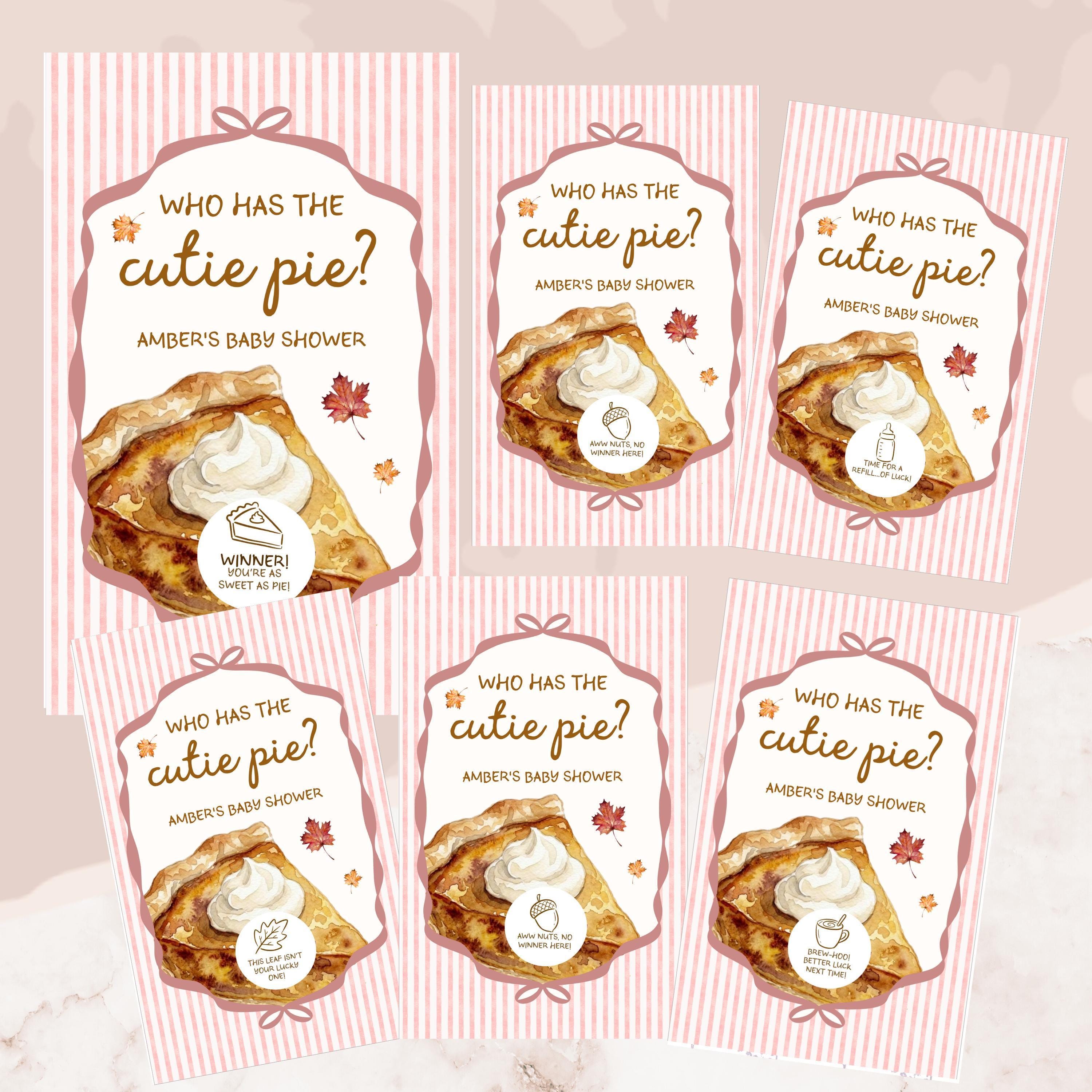 a collection of pink and white baby shower invitation cards with a pie design. The cards feature the text "Who has the cute pie?" and "Amber's baby shower" along with a pie image and a question about the cute pie.