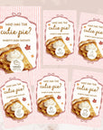 a collection of pink and white baby shower invitation cards with a pie design. The cards feature the text "Who has the cute pie?" and "Amber's baby shower" along with a pie image and a question about the cute pie.