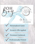 The image is a personalized baby shower invitation with a blue ribbon design.