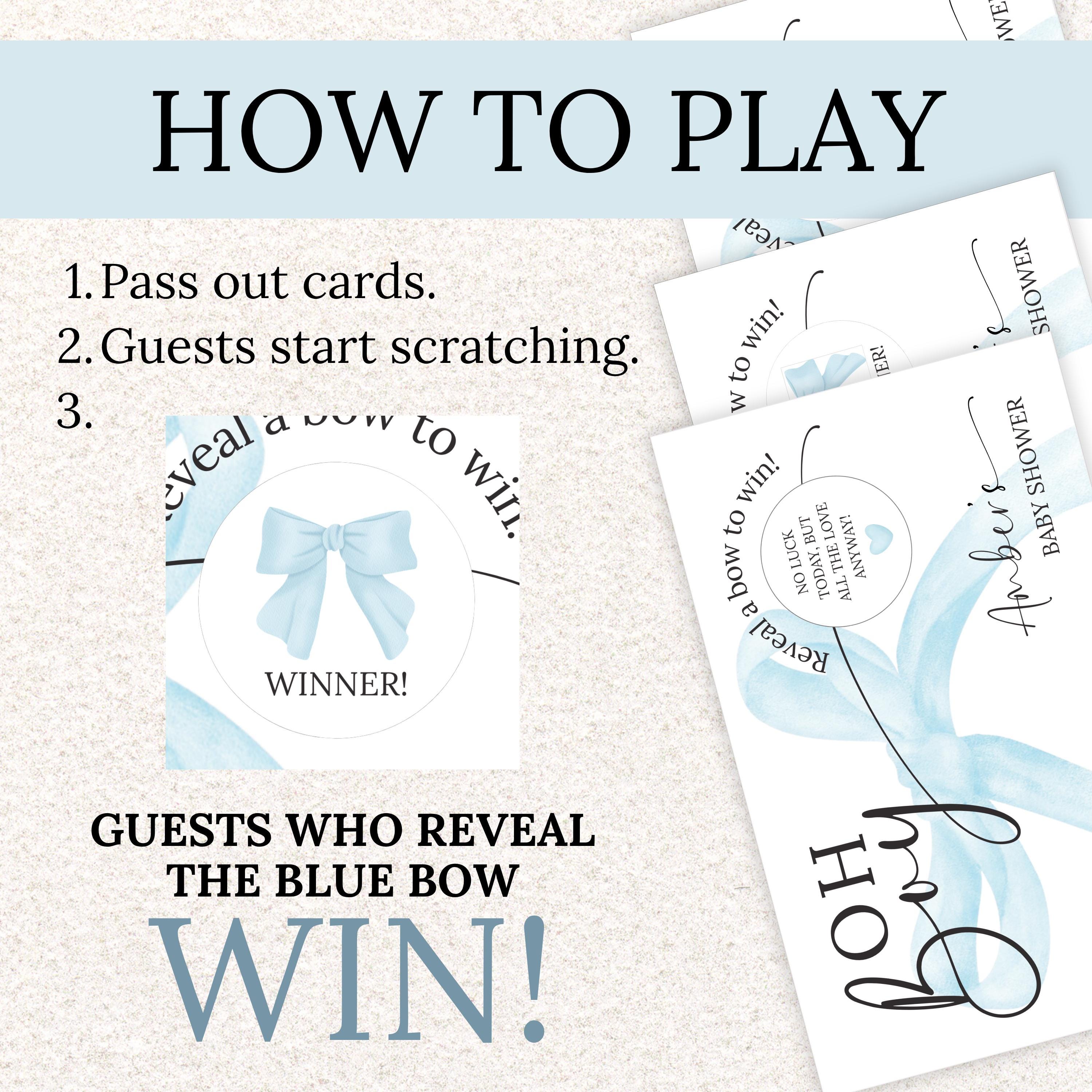 The image is a step-by-step guide on how to play a game called "Pass out cards" during a baby shower. It includes instructions on passing out cards, guests starting to scratch, and revealing a blue bow to win.