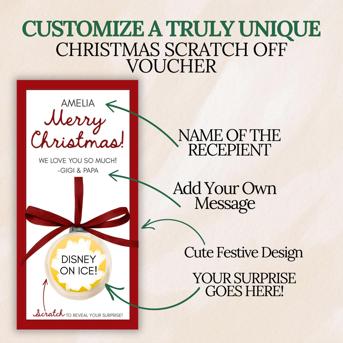 Personalized Christmas Gift Voucher For Christmas Scratch Off Surprise Trip Reveal Holiday Theme Custom Christmas Ornament Voucher - CÔTIER BRAND