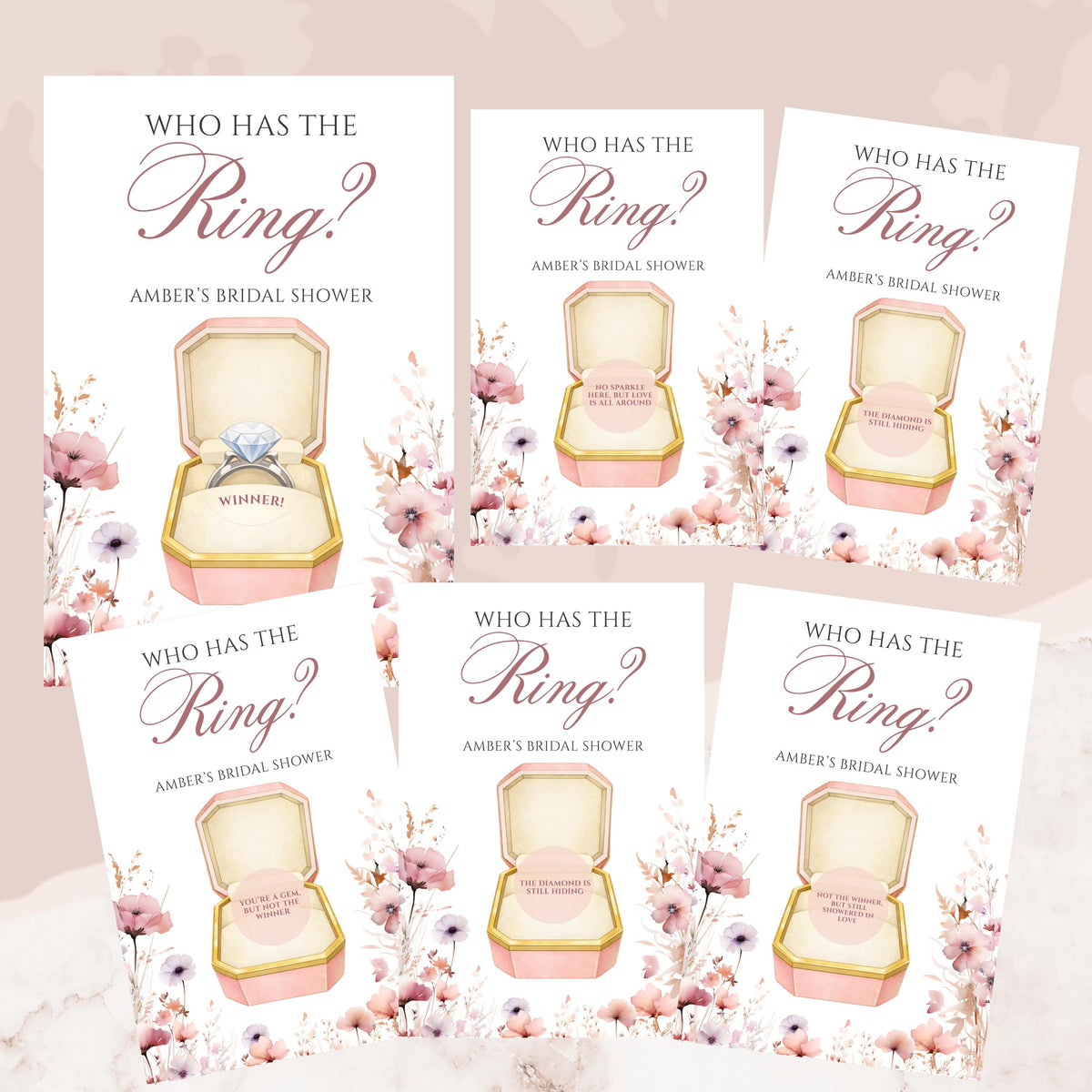 PRINTED + SHIPPED Pink Floral Bridal Shower Game, Pastel Watercolor Flower Bridal Shower Scratch Off Game, Love In Bloom Who Has The Ring - CÔTIER BRAND