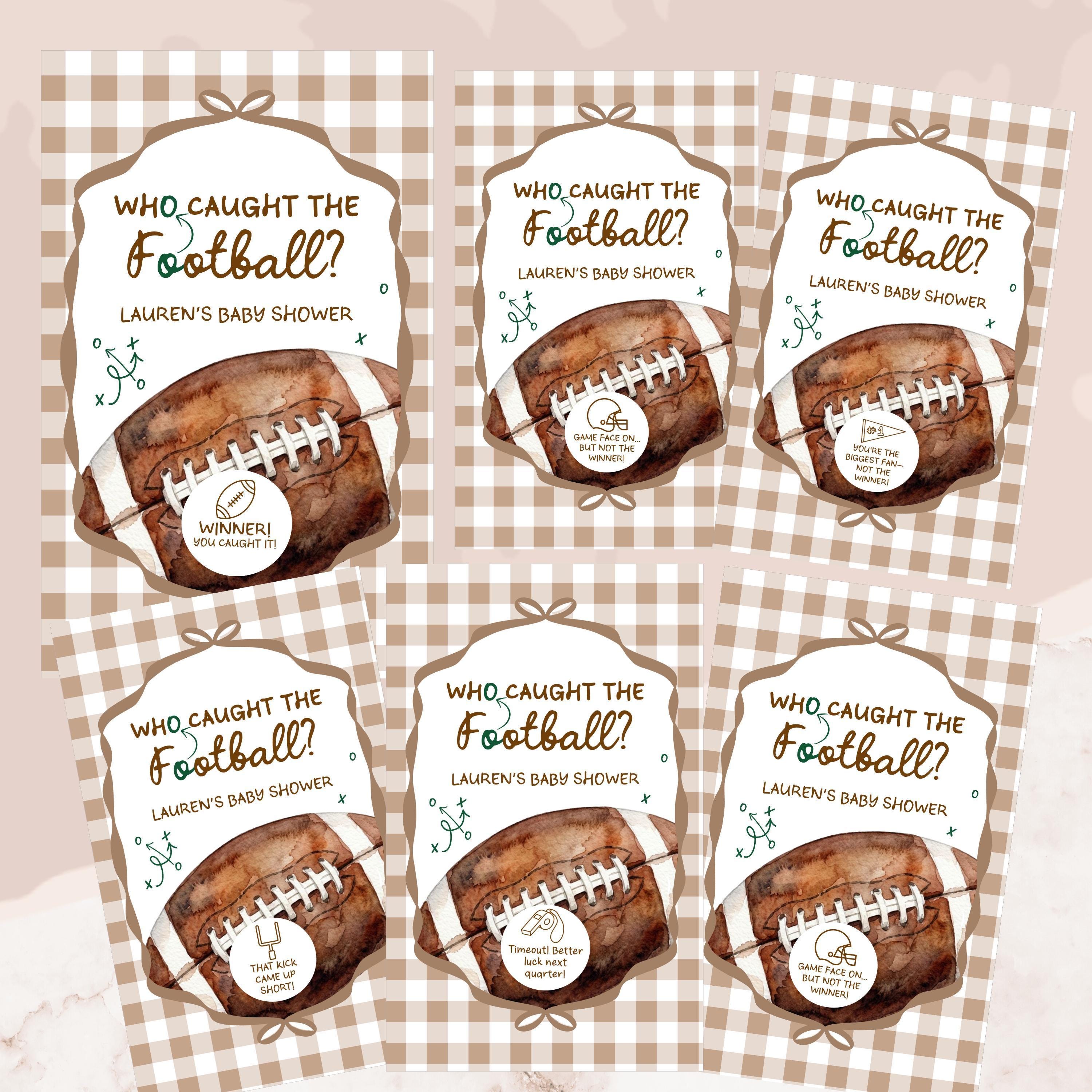 multiple images of footballs, each with a caption that reads "Who caught the football?" The captions are related to a baby shower, specifically "Lauren's Baby shower".