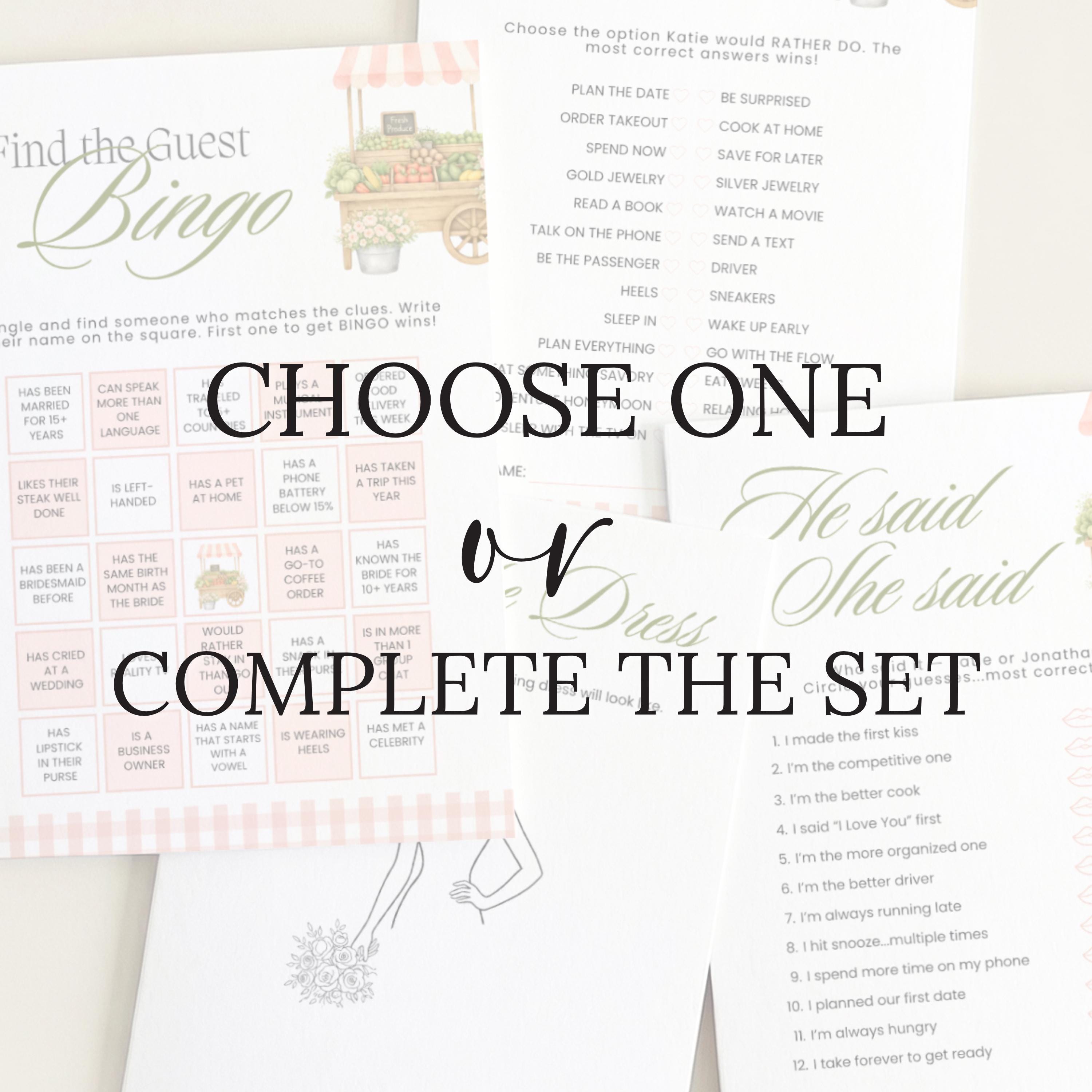 Custom Printed Fresh Off The Market Bridal Shower Game Bundle, Blush Pink Guess The Dress, Would She Rather, He Said She Said, Guest Bingo