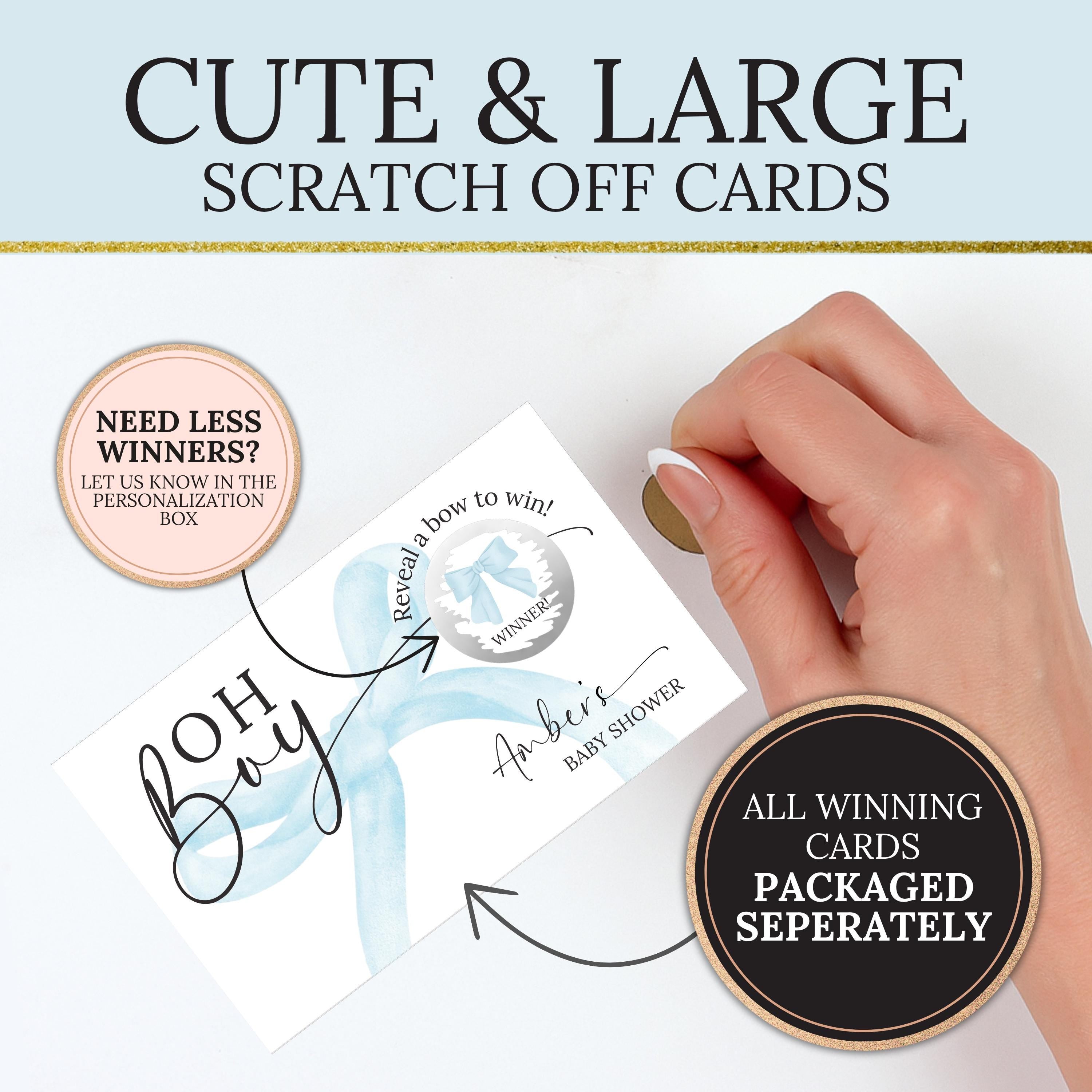 a hand holding a white card with text and graphics, including a question about winning a baby shower.