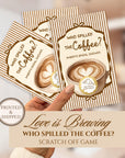 A hand holding three printed coffee-themed gift cards, with the text "Who spilled the coffee?" and "Love is Brewing" printed on them.