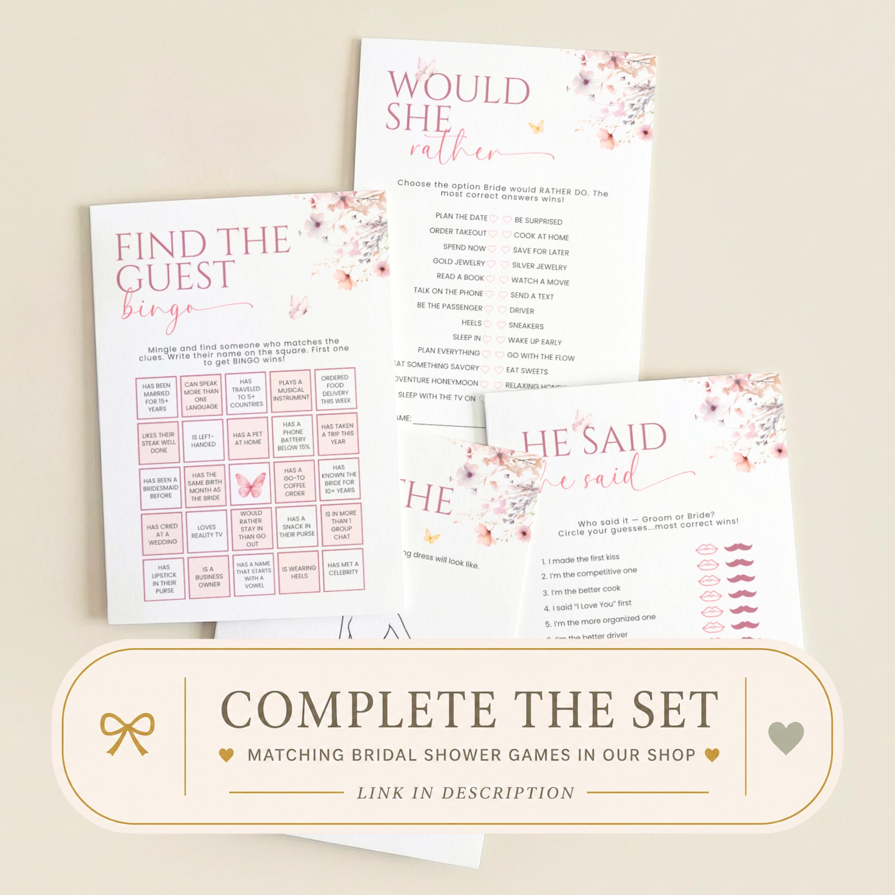 PRINTED + SHIPPED Love In Bloom Bridal Shower Game Watercolor Pink Wildflowers Butterfly Bridal Shower Theme Love In Bloom Who Has The Ring