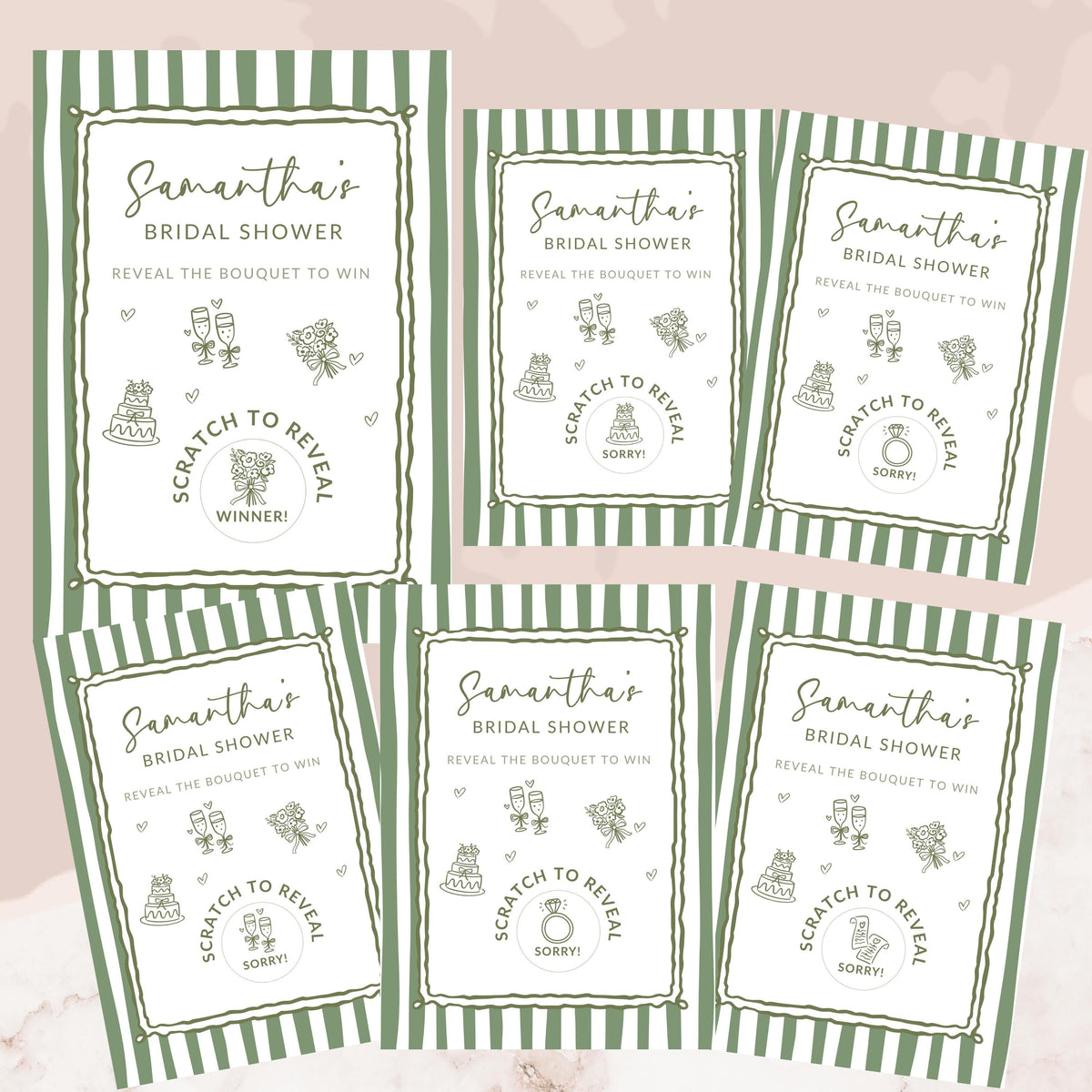 PRINTED + SHIPPED Sage Green Bridal Shower Game, Green Striped Bridal Shower Scratch Off Game Hand Drawn Doodles Wedding Shower Activity - CÔTIER BRAND