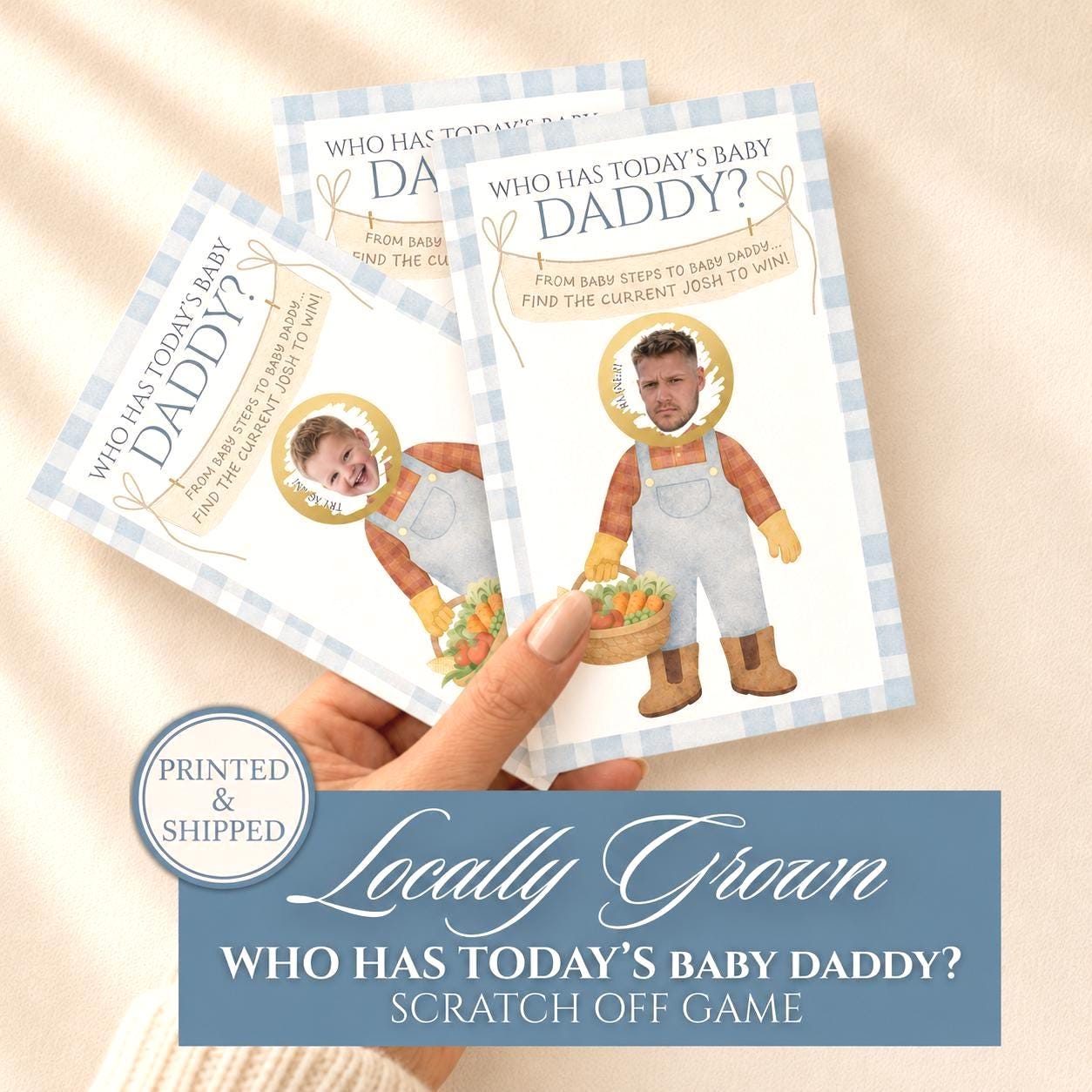 Custom Locally Grown Boy Baby Shower Game, Blue Gingham Farmer's Market Theme Who Has Today's Baby Daddy? Scratcher Activity
